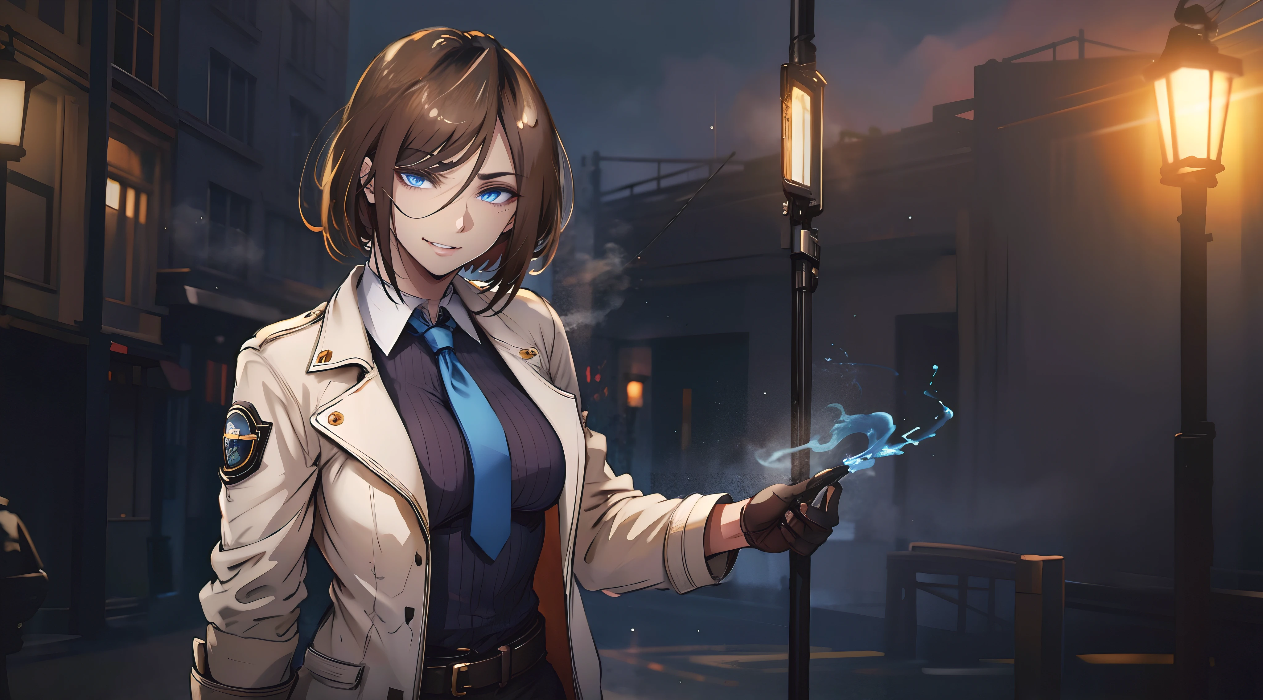 Hapollo (medium hair, brown hair:1.5), (blue eyes:1.5), 1girl, lamppost, night, gloves, belt, building, solo, outdoors, red_gloves, blurry_background, necktie, breasts, night_sky, open_clothes, jacket, blurry, sky, city, coat, smoke, medium_breasts, red_neckwear, looking_at_viewer, long_sleeves, belt_buckle, holding, upper_body, skyscraper, white_jacket, collared_shirt, parted_lips, staff, holding staff buckle, glow effects, godrays, Hand drawn, render, 8k, octane render, cinema 4d, blender, dark, atmospheric 4k ultra detailed, cinematic, Sharp focus, big depth of field, Masterpiece, colors, 3d octane render, 4k, concept art, trending on artstation, hyperrealistic, Vivid colors, extremely detailed CG unity 8k wallpaper, trending on CGSociety, Intricate, High Detail, dramatic, anime coloring, anime screencap, steaming body, fog, heavy breathing,