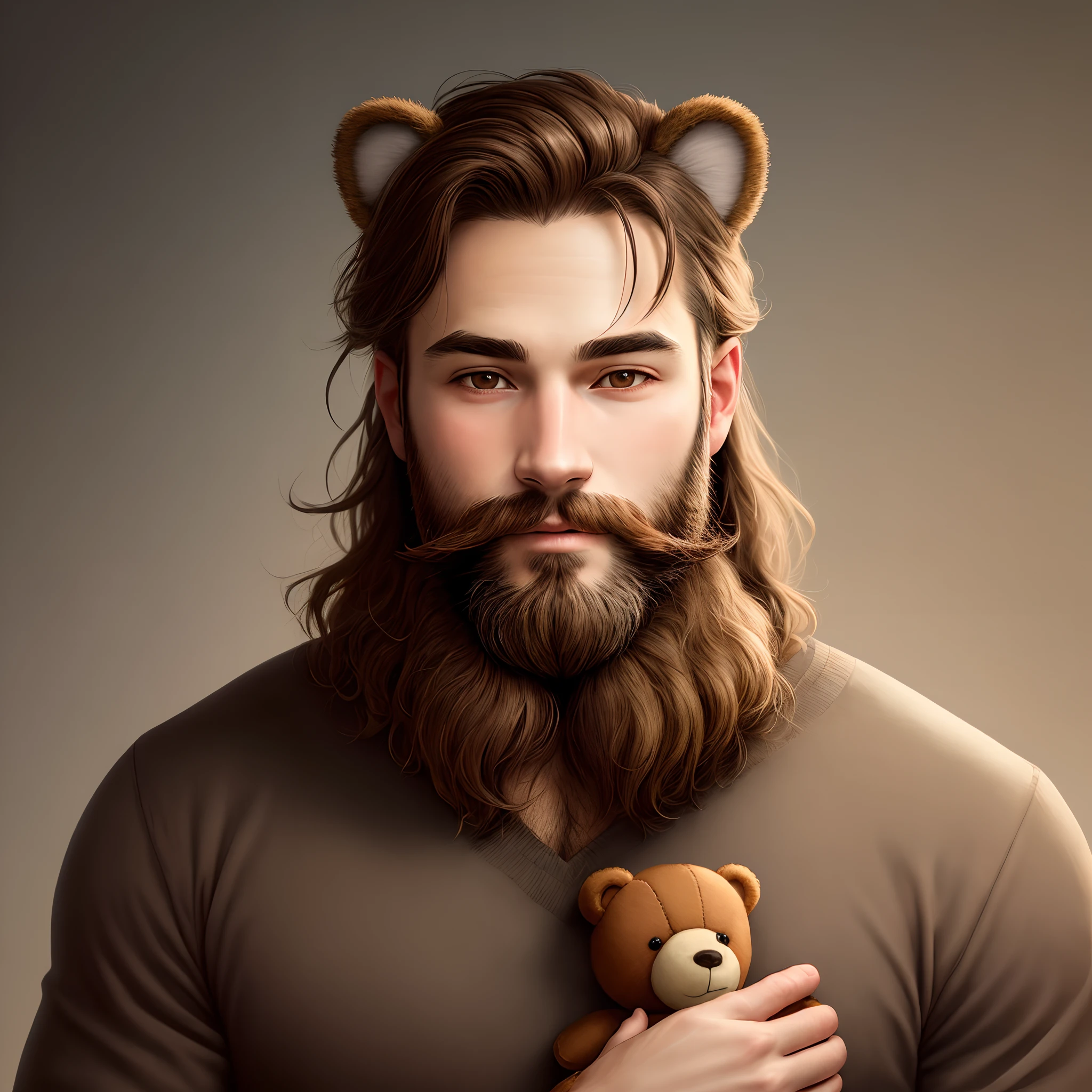 Man with teddy bear ears, with a beard, with brown eyes