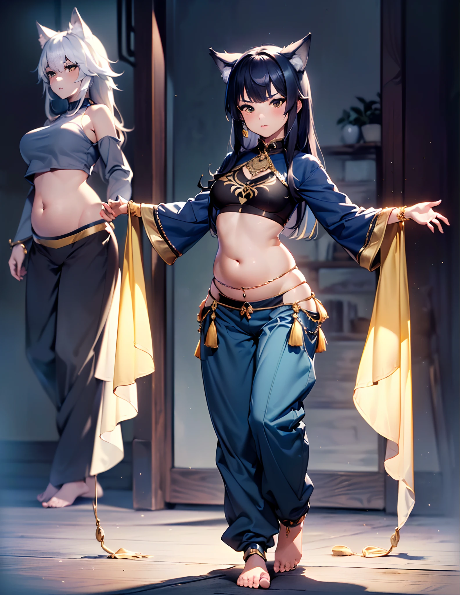 (best quality,4k,8k,highres,masterpiece:1.2),ultra-detailed, ((wolf girl)), ((dark blue hair)), ((hyper cute)), ((perfect face)), (((full body))), ((perfect body)), (((standing pose))), (((very baggy and long belly dance harem pants))), (((perfect pants))), ((long sleeves)), (((detailed clothes))), (((bare feet))), ((fully detailed)),illustration,vivid colors