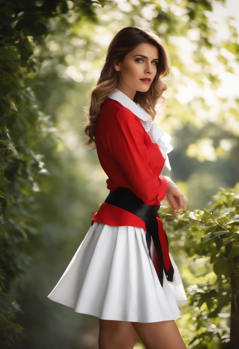 masterpiece, highres, high quality, extremly detailed, red miniskirt, black ribbon, white shirt,