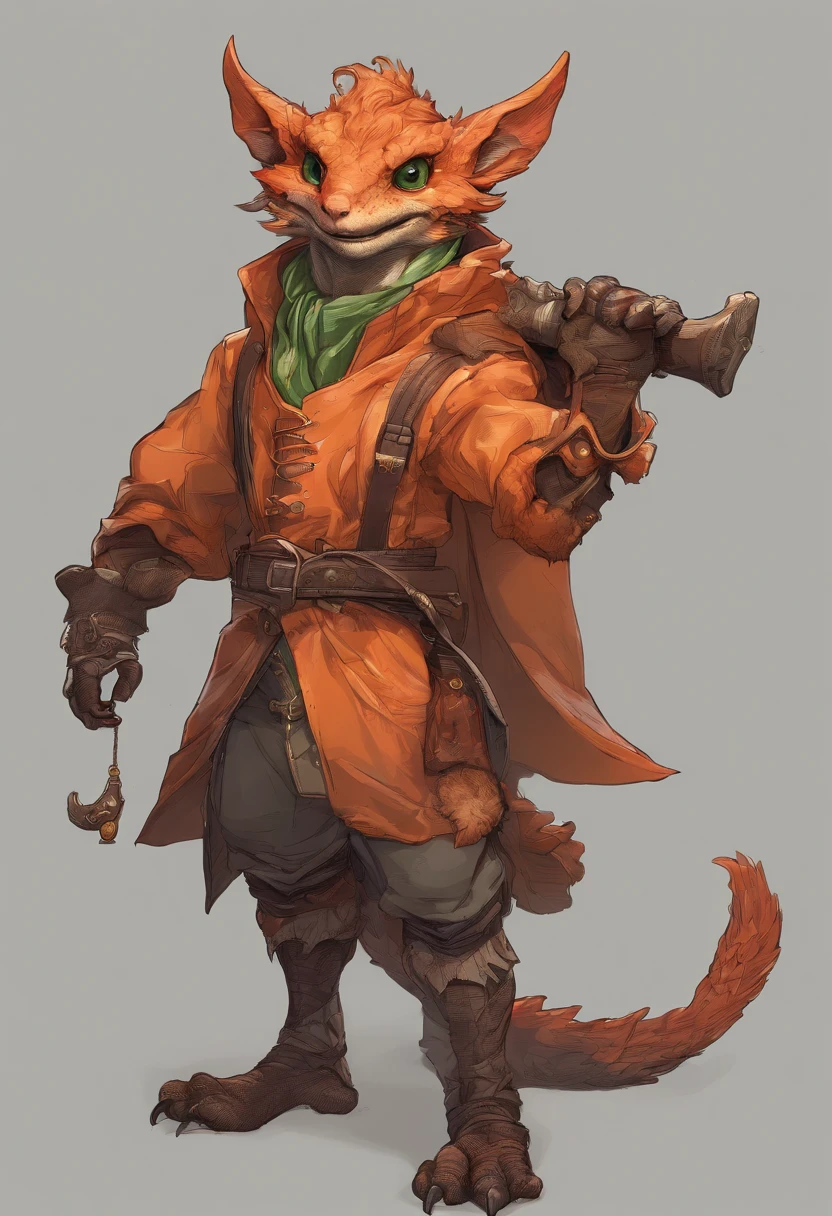 three males standing on each other's shoulders, bright orange skin, orange scales, (((Kobold)), (detailed kobold)) wearing a red cloak with a hood, green gem on the collar, bandaged thighs and bandaged chest, muscular toned, squirrel ears, kobold tail, messy hair, front view, looking at the observer with an embarrassed smile, blush, holding a flintlock pistol, perspective, finely detailed paws,