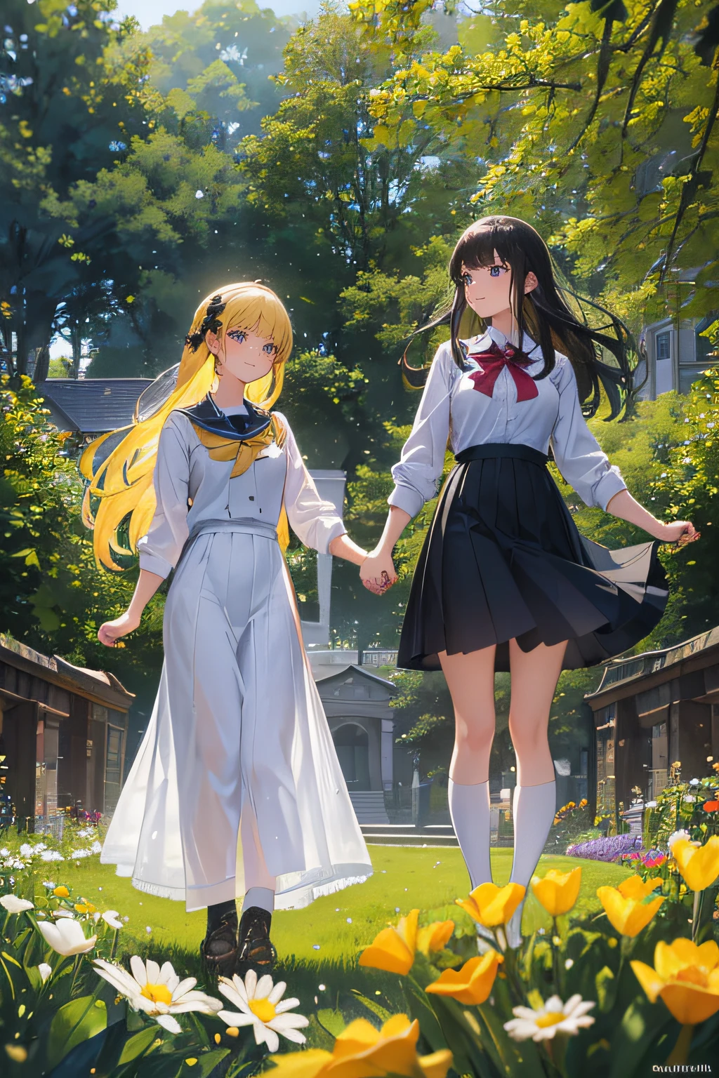 (best quality,4k,8k,highres,masterpiece:1.2),ultra-detailed,(realistic,photorealistic,photo-realistic:1.37),HDR,UHD,studio lighting,ultra-fine painting,sharp focus,physically-based rendering,extreme detail description,professional,vivid colors,bokeh,portraits
Two school girls, wearing matching school uniforms, standing in a lush green garden. Both girls have long braided hair with colorful ribbons tied at the end. They have happy smiles on their faces, showcasing their excitement for the school day. Their eyes are beautifully detailed, with long eyelashes and bright, sparkling highlights. They have rosy cheeks that indicate their youthful and vibrant nature. The girls are holding hands and looking towards each other, sharing a moment of friendship and camaraderie.
The garden is filled with vibrant flowers of various colors, including roses, tulips, and daisies. The flowers are in full bloom, providing a colorful backdrop to the scene. The sunlight gently filters through the leaves of the surrounding trees, casting a warm and inviting glow on the girls. The grass beneath their feet is carefully rendered, with every blade meticulously depicted to create a sense of realism.
In the distance, there is a historic school building, adorned with intricate architectural details. The building has large windows that allow sunlight to illuminate the classrooms inside. The vibrant colors of the flowers and the girls' uniforms contrast beautifully with the neutral tones of the school building, creating a visually appealing composition.
The overall image quality is of the highest standard, with exquisite details captured in every element. The colors are vivid and vibrant, creating a visually stunning effect. The lighting is carefully crafted to enhance the depth and dimension of the scene, adding a touch of realism. The fine brushwork and attention to detail give the artwork a sense of professionalism and mastery. The result is a masterpiece that captures the innocence and joy