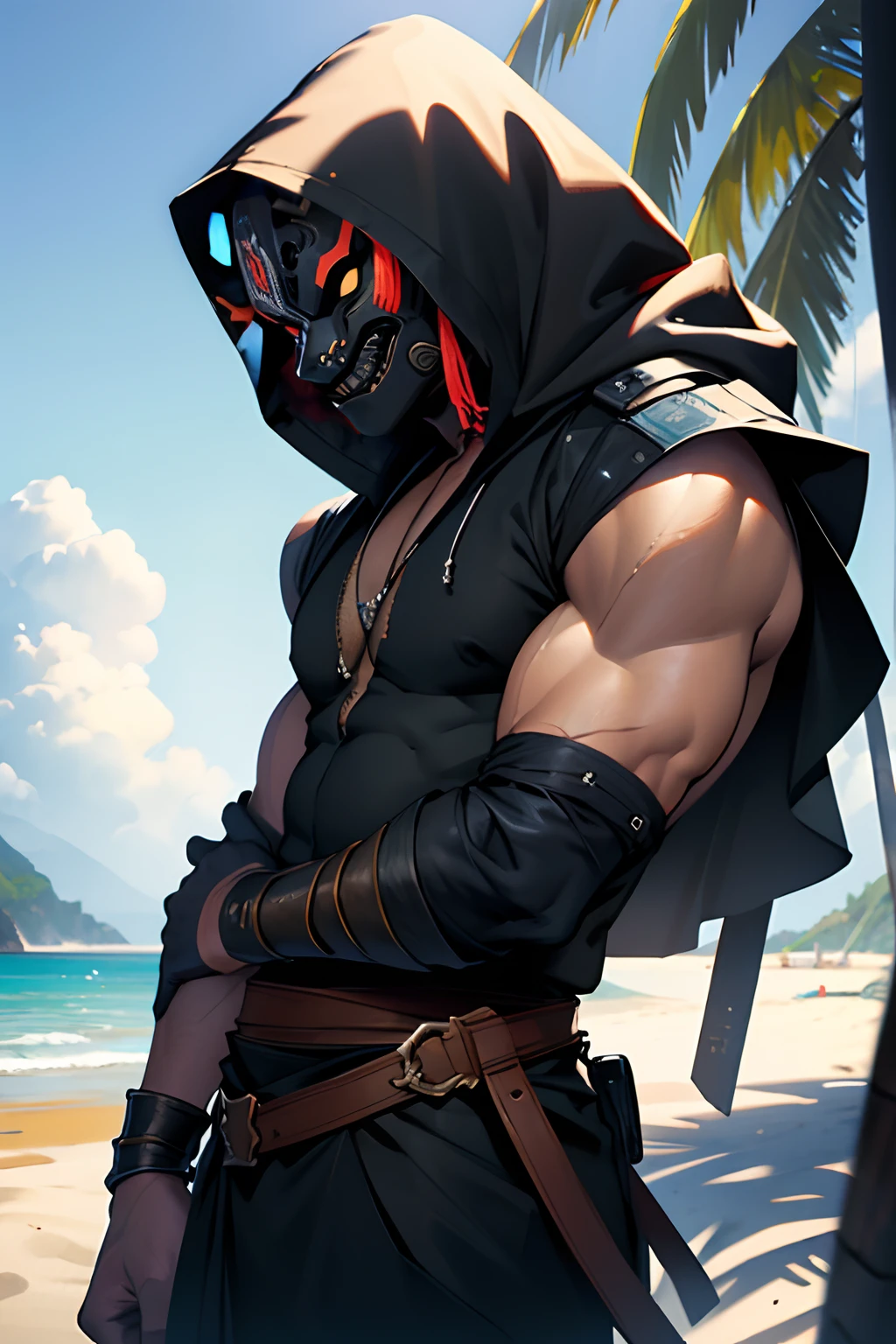 Wearing a black oni mask, intricate carvings, wooden, painted, japanese mask