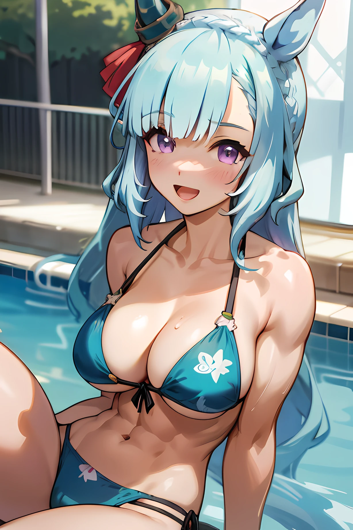 mejiro ardan \(umamusme\), (abs), ((muscular body)), horse tail, wallpaper, (bikini), big tits, (ultra-detailed face), masterpiece,best quality, detailed eyes, official art, light smile, pool,open mouth, long hair