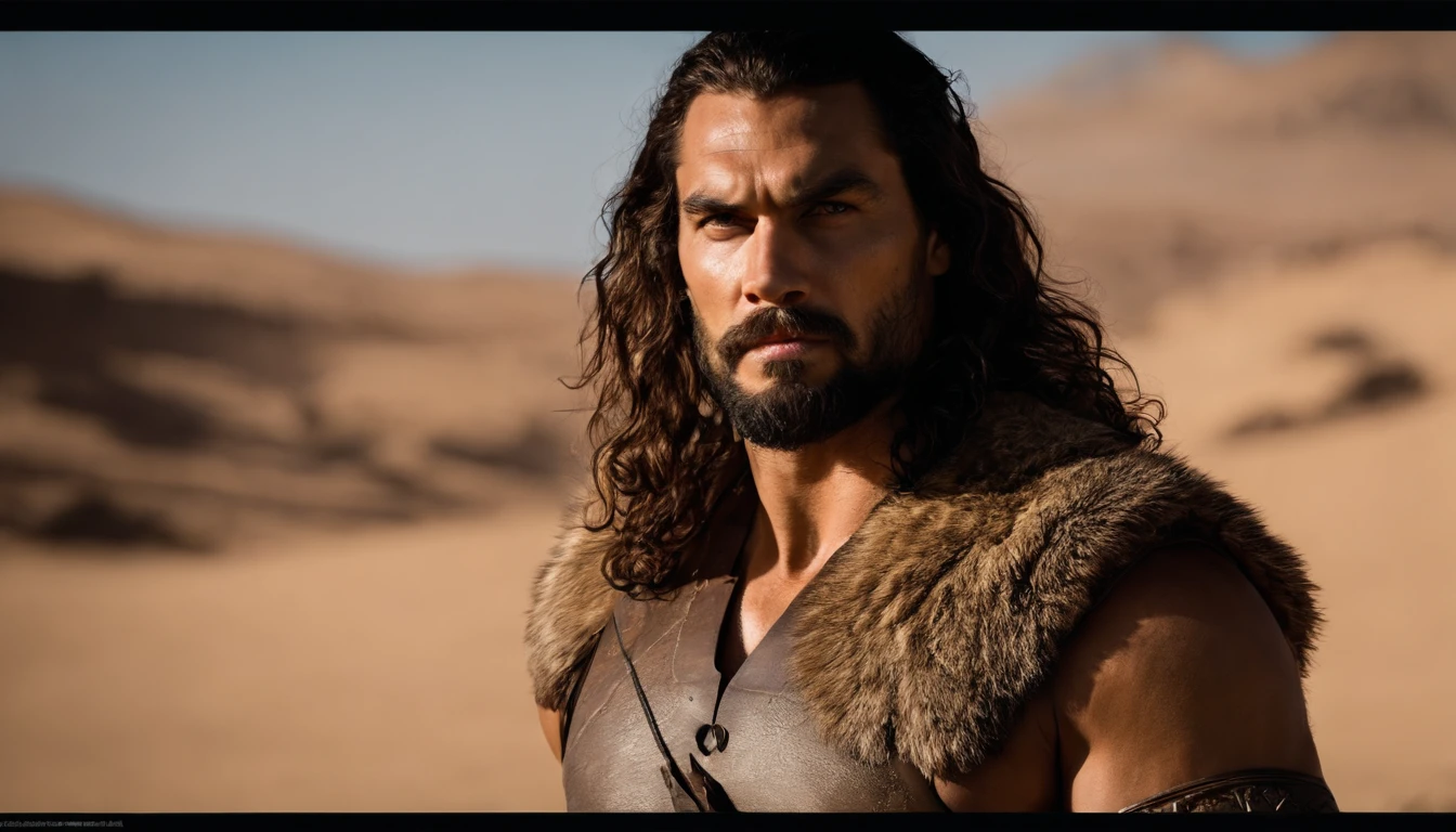 Uma fotografia super realista.Ask you to create a hyper-realistic photographic image that shows a man (So an arafed man with long hair and beard in a desert area, jason momoa as assyrian, Jason Momoa como Conan, Jereme Momoa como Tarzan, atraente macho de carne com armadura, guerreiro persa, Henry Cavill como um deus grego, handsome prince of persia, jason momoa, biblical epic movie, henry cavill is a greek god, Face to face with a lion. em uma floresta.) avistando uma prostituta mulsumana se esconde na casa dela, super detalhista e realista.