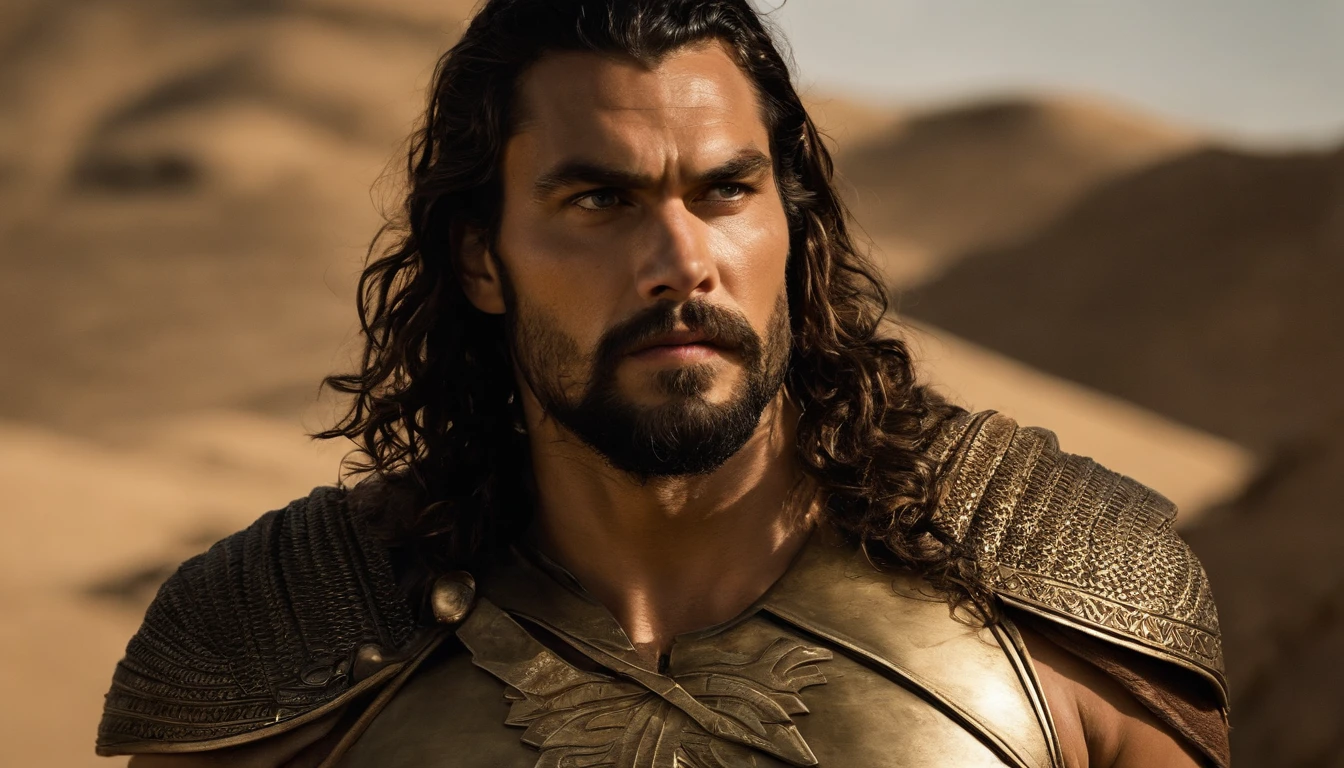 Uma fotografia super realista.Ask you to create a hyper-realistic photographic image that shows a man (So an arafed man with long hair and beard in a desert area, jason momoa as assyrian, Jason Momoa como Conan, Jereme Momoa como Tarzan, atraente macho de carne com armadura, guerreiro persa, Henry Cavill como um deus grego, handsome prince of persia, jason momoa, biblical epic movie, henry cavill is a greek god, Face to face with a lion. em uma floresta.) avistando uma prostituta mulsumana se esconde na casa dela, super detalhista e realista.