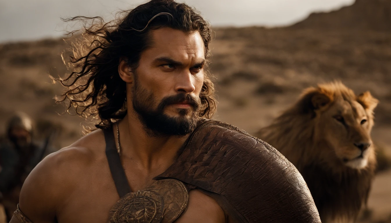 Uma fotografia super realista.Ask you to create a hyper-realistic photographic image that shows a man (So an arafed man with long hair and beard in a desert area, jason momoa as assyrian, Jason Momoa como Conan, Jereme Momoa como Tarzan, atraente macho de carne com armadura, guerreiro persa, Henry Cavill como um deus grego, handsome prince of persia, jason momoa, biblical epic movie, henry cavill is a greek god, Face to face with a lion. em uma floresta.) avistando uma prostituta mulsumana se esconde na casa dela, super detalhista e realista.