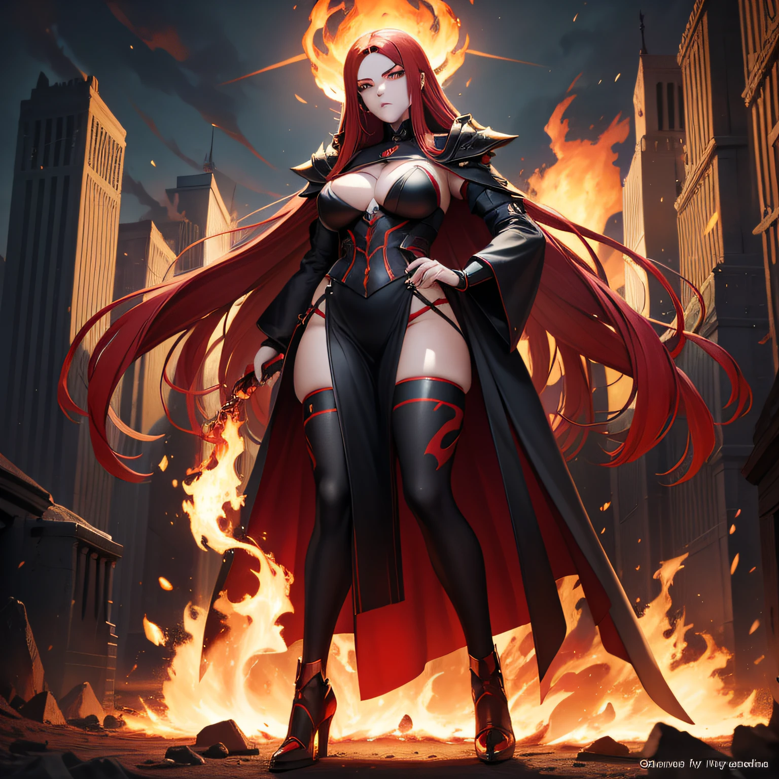 Adult beautiful woman, red long hair, yellow eyes, glowing eyes, fire, ancient powers, controlls the fire, exotic, mysterious, confidant, measures 75-40-95, wears a black coat, has fire powers, small waist, confidant, long legs, big legs, big ass, highly voluptuous thighs, extremely detailed face,  (perfect anatomy), red and black armor,