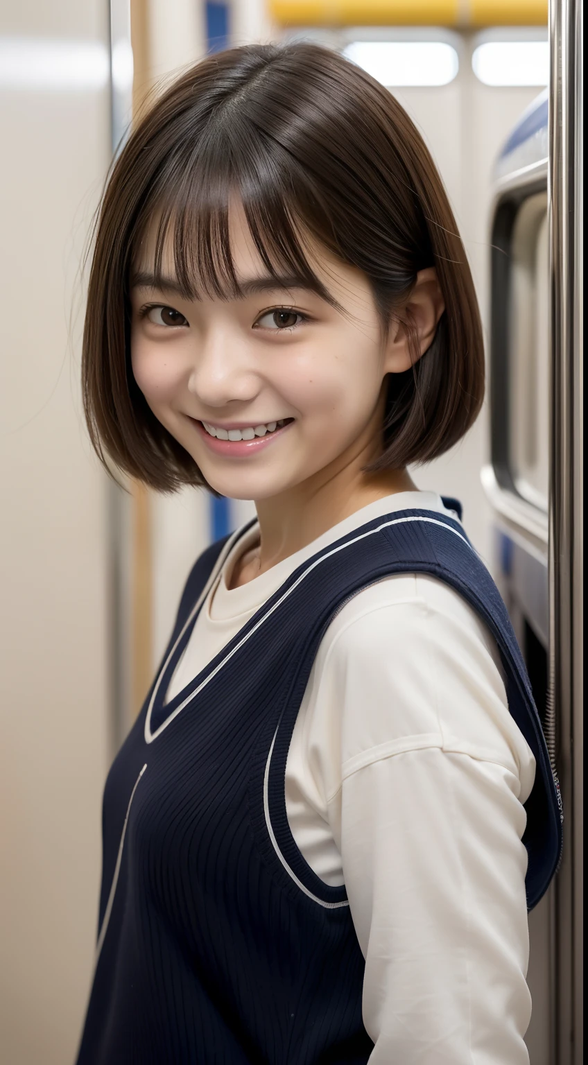 masutepiece, Best Quality, (1日本人の女の子), , skinny, ((completely :1.2)), ((full body Esbian)), (Pretty round face),(tanned brown skin), (Black hair), (short-cut, Bangs), (Smile), ((Very big:1.2)), Commuter train, ((NSFW:1.1)), Volleyball Club