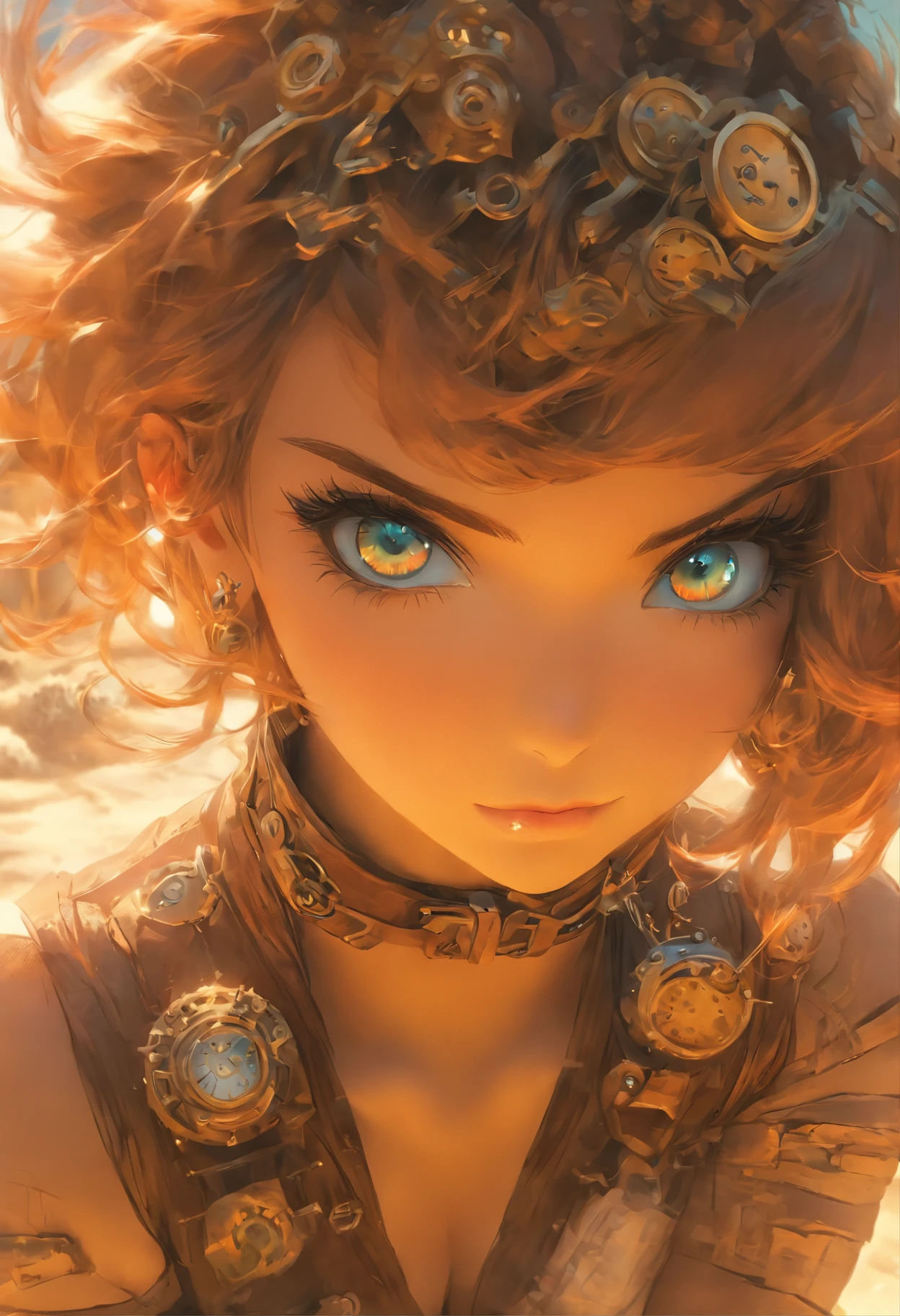 (((Steampunk))),ultra realista 8k CG, rosto perfeito, Impeccable, limpo, master part, arte profissional, obras de arte famosas, rosto perfeito, beautiful face, Olhos bonitos, ((corpo feminino perfeito)),seios grandes, sozinho,, ,saia,,corar,seductiveexpression,extremamente detalhado_olho,coxas grossas,((cabelos brancos)), short hair,, fundo lindamente detalhado,profundidade de campo,,BDSM,dentadura da pele,corpo inteiro,camisa,, knee tights,