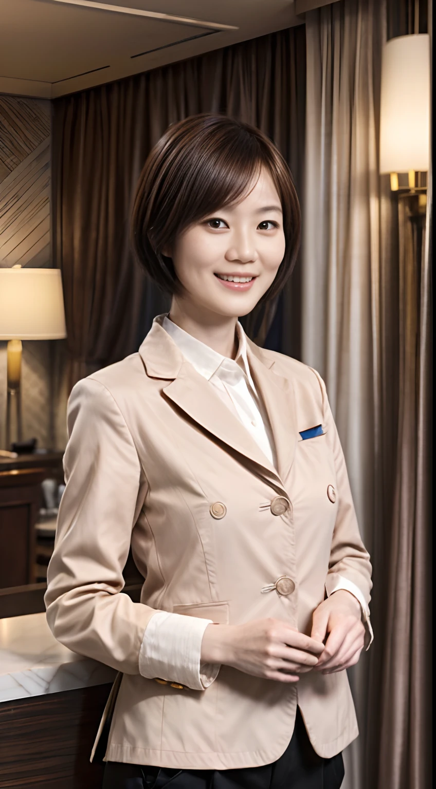 50
(19-year-old woman), (A hyper-realistic), (masutepiece), Short bob cut, Concierge at the hotel reception, kindly smile