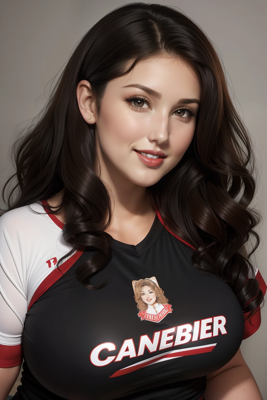lucy pinder, face portrait, portrait, beautiful face, red lips, smiling, curly hair, black hair, long hair, cheerleader shirt, ((chubby woman))