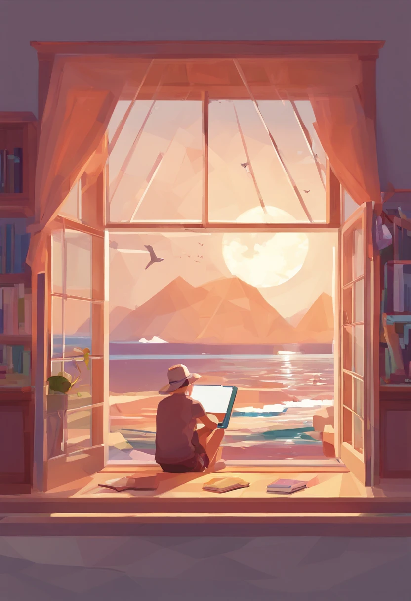 Wallpapers,tmasterpiece,best qualtiy,cinematic Film still from,Boys and girls sit together,Boy doing homework by the window,The girl looked at the starry sky,Looking at the sea in front of you,A full moon,autumnal,beachside,A huge book was outside the window