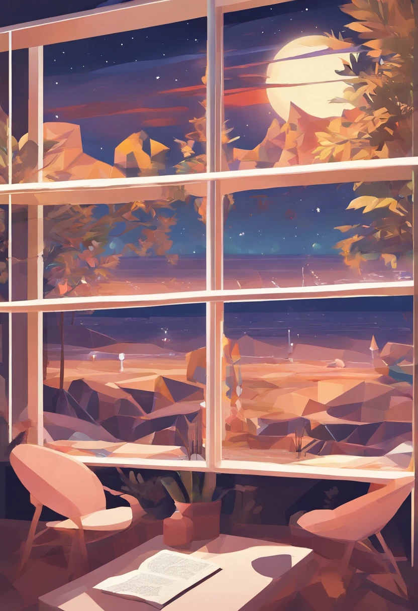 Wallpapers，tmasterpiece，best qualtiy，cinematic Film still from，Boys and girls sit together，Boy doing homework by the window，The girl looked at the starry sky，Looking at the sea in front of you，A full moon，autumnal，beachside，A huge book was outside the window