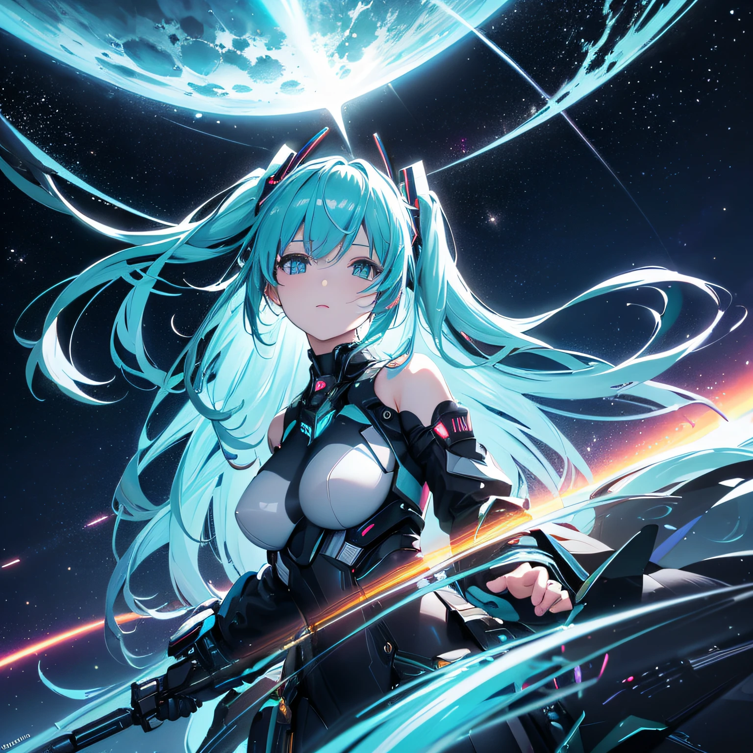 (best quality,4k,8k,highres,masterpiece:1.2),ultra-detailed,(realistic,photorealistic,photo-realistic:1.37),Hatsune Miku in space,illustration,digital art,cyberpunk style,vibrant colors,neon lights,galaxy background,cybernetic enhancements,flowing hair,sparkling eyes,glimmering lips,futuristic attire,hovering pose,celestial particles,sci-fi concept,anime-inspired,night sky,star clusters,moonlight,stellar reflections,spectacular aurora,cosmic energy,divine aura,stellar stage,ethereal beauty,interstellar journey,celestial concert,harmonious melody,magical atmosphere,zero gravity,dazzling holographics,mesmerizing performance