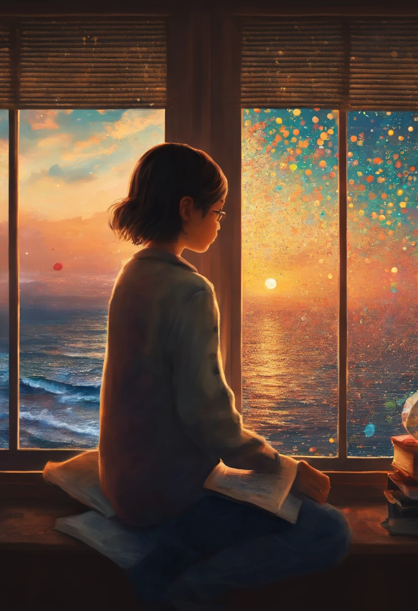 Wallpapers，tmasterpiece，best qualtiy，cinematic Film still from，Boys and girls sit together，Boy doing homework by the window，The girl looked at the starry sky，Looking at the sea in front of you，A full moon，autumnal，beachside，A huge book was outside the window