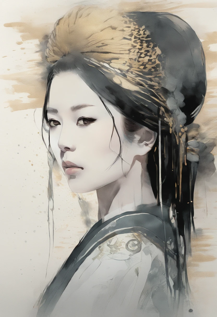 hand drawn sketch illustration of a beautiful SILVER GOLD and BLACK portrait of a very_YOUNG ancient japanese geisha, glowing eyes, long hair, hyperdetailed sad face, intricately kimono, golden ratio, light aura, frosty myst, ANIME MANGA STYLE, highly detailed, intricate motifs, organic tracery, perfect composition, digital painting, artstation, concept art, smooth, sharp focus, illustration, Carne Griffiths, Victo ngai, Jean Baptiste Monge, pixar, watercolour style, art by Yoji Shinkawa, Carne Griffiths, Russ Mills, Ink splatter, ink brush painting, calligraphy, ink wash, smudges: (best quality)), intricate detailed,