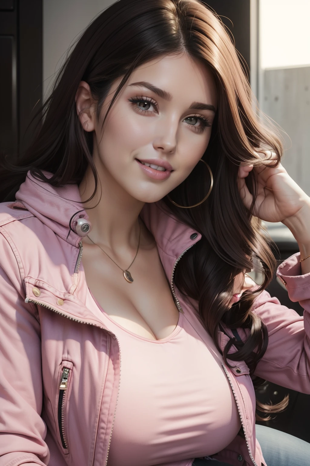 lucy pinder, face portrait, portrait, beautiful face, ((pink lips)), smiling, curly hair, black hair, long hair, pink t-shirt, ((jeans jacket)), cleavage, chubby woman