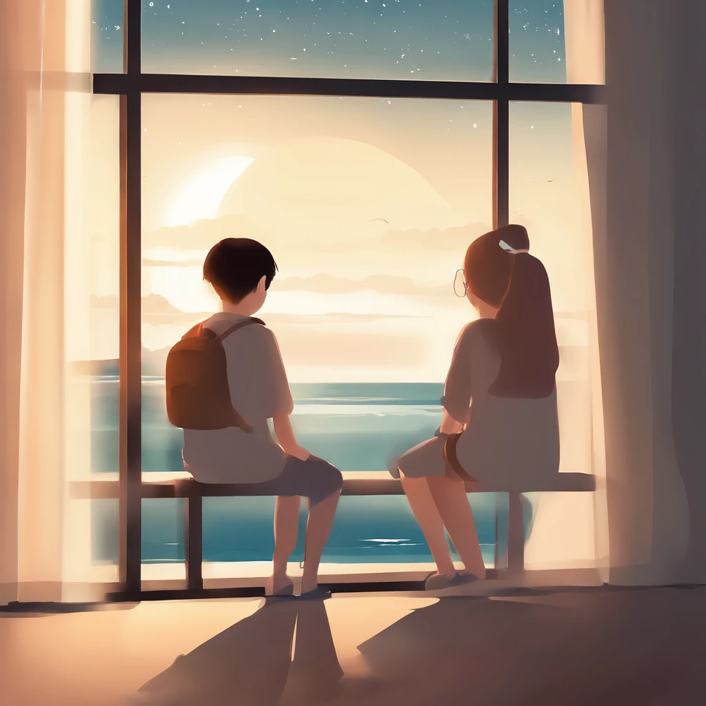 Wallpapers，tmasterpiece，best qualtiy，cinematic Film still from，Boys and girls sit together，Boy doing homework by the window，The girl looked at the starry sky，Looking at the sea in front of you，A full moon，autumnal，beachside，A huge book was outside the window