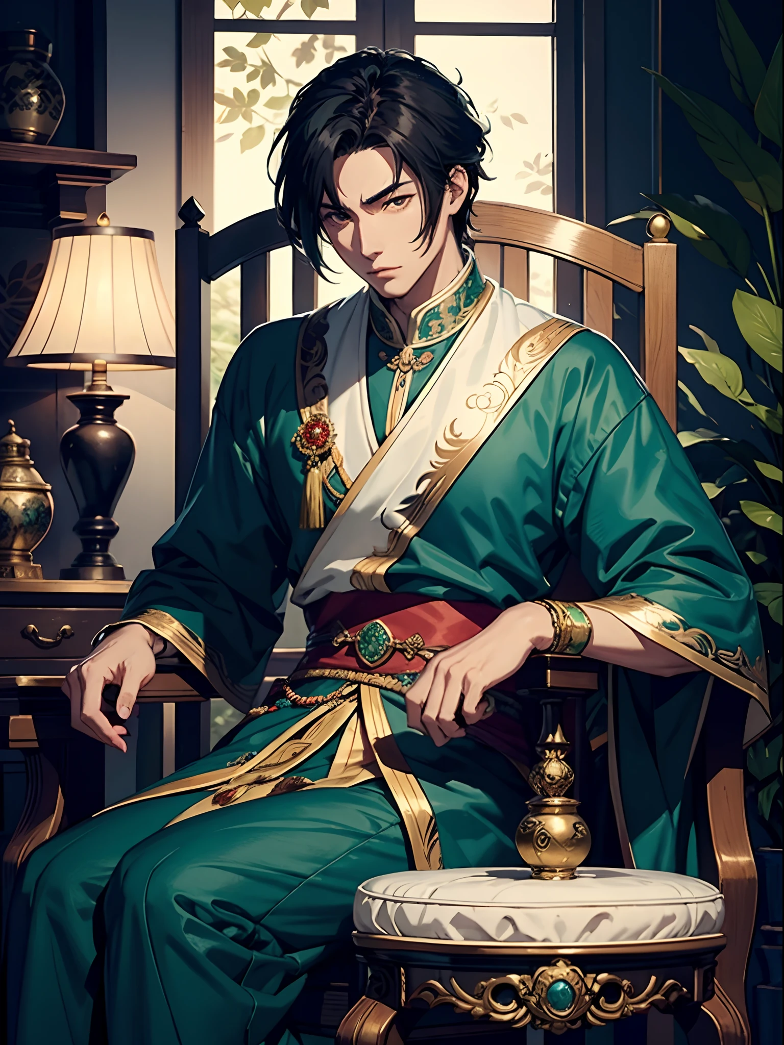 anime handsome man with black hair, emperor, intricate chairstyle, intricate clothes, jade jewelry, jade jewelry box