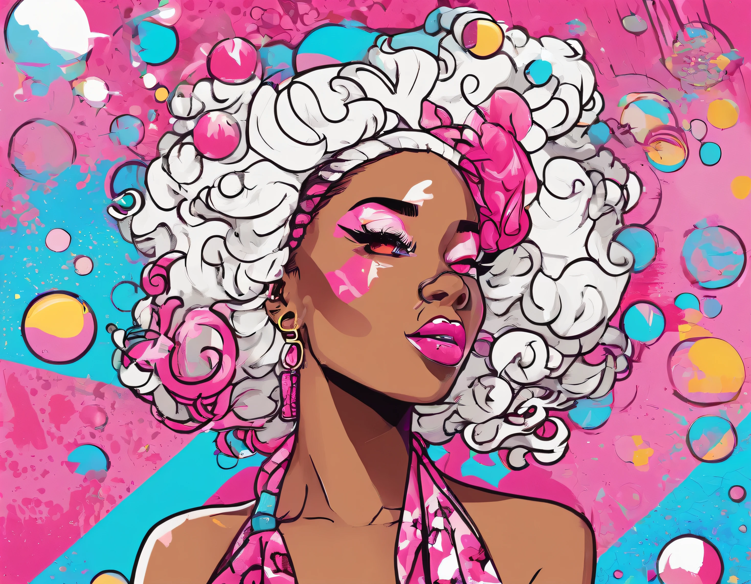 ((top-quality, 8K)), (Realistic), (Face Focus: 1.1), (White and pink: 1.3), African American Kawaii Girl, braided hair, full Body , Facing to the side, Look up at your face, Eyes closed, (Sleeveless: 1.1), Skirt, Countless soap bubbles,
