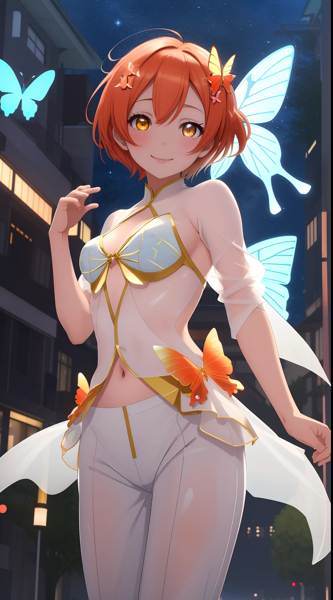 Masterpiece, Hoshizora rin, hair ornament,a beautiful urban female model, white transparent clothes standing under empty night stars, disappearing transparent pants,  standing, facial details, detailed body part details, 8k wallpaper, (skin tight), butterfly wings, glowing eyes,a smile