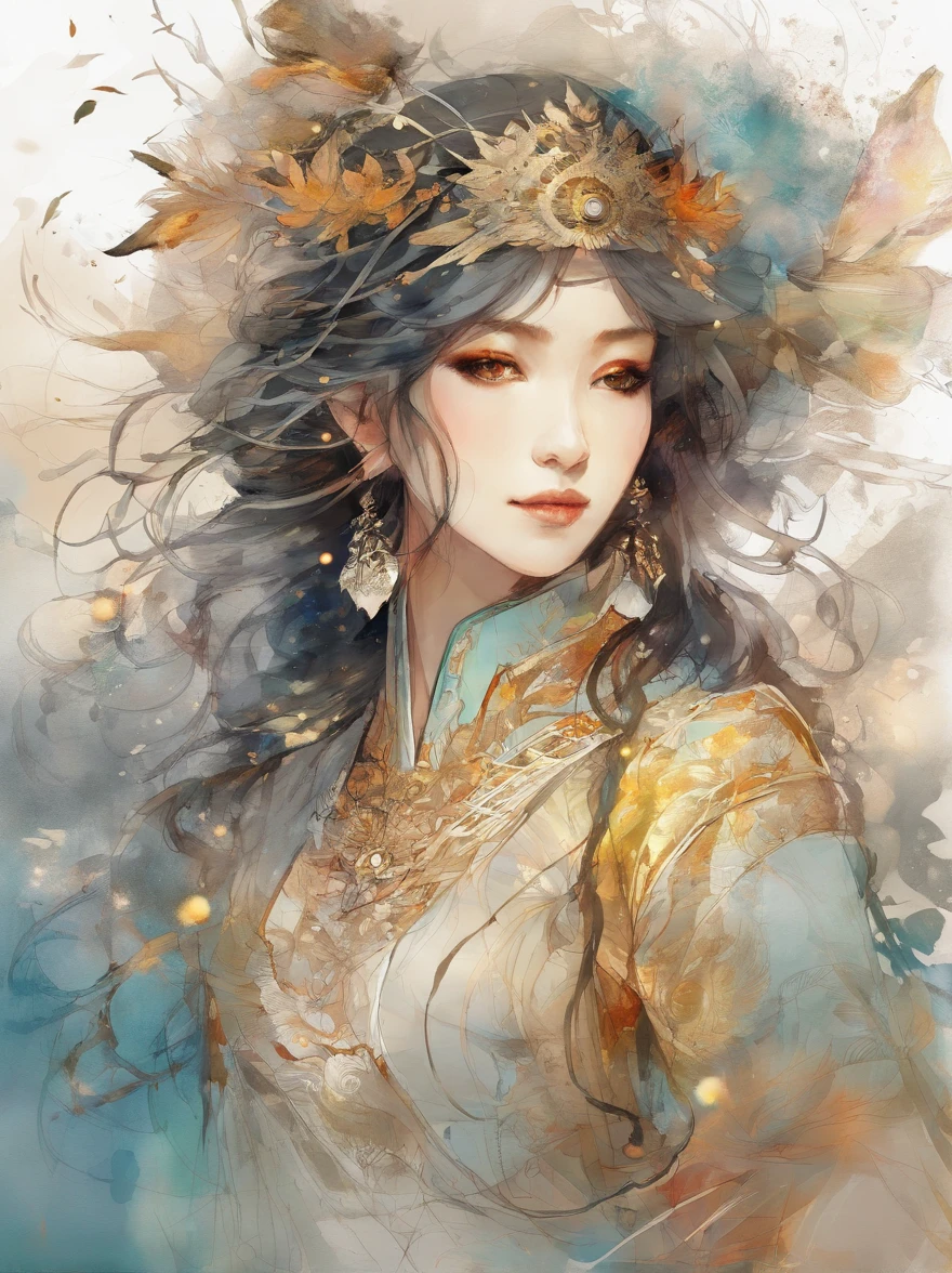 hand drawn sketch illustration of a beautiful SILVER GOLD and BLACK portrait of a very_YOUNG ancient japanese geisha, glowing eyes, long hair, hyperdetailed sad face, intricately kimono, golden ratio, light aura, frosty myst, ANIME MANGA STYLE, highly detailed, intricate motifs, organic tracery, perfect composition, digital painting, artstation, concept art, smooth, sharp focus, illustration, Carne Griffiths, Victo ngai, Jean Baptiste Monge, pixar, watercolour style, art by Yoji Shinkawa, Carne Griffiths, Russ Mills, Ink splatter, ink brush painting, calligraphy, ink wash, smudges: (best quality)), intricate detailed,
