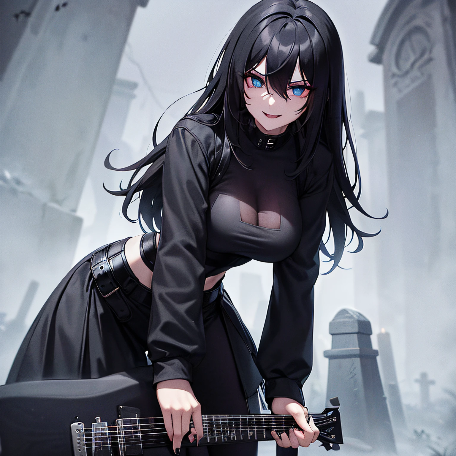 In a Foggy Graveyard at night a girl with large breasts, long straight black hair, dark blue eyes, and black lipstick, wearing a black fishnet punk top, black goth pants, and black patched biker jacket, leaning against a tombstone holding a guitar an evil smile on her face. There is an atmosphere of romance