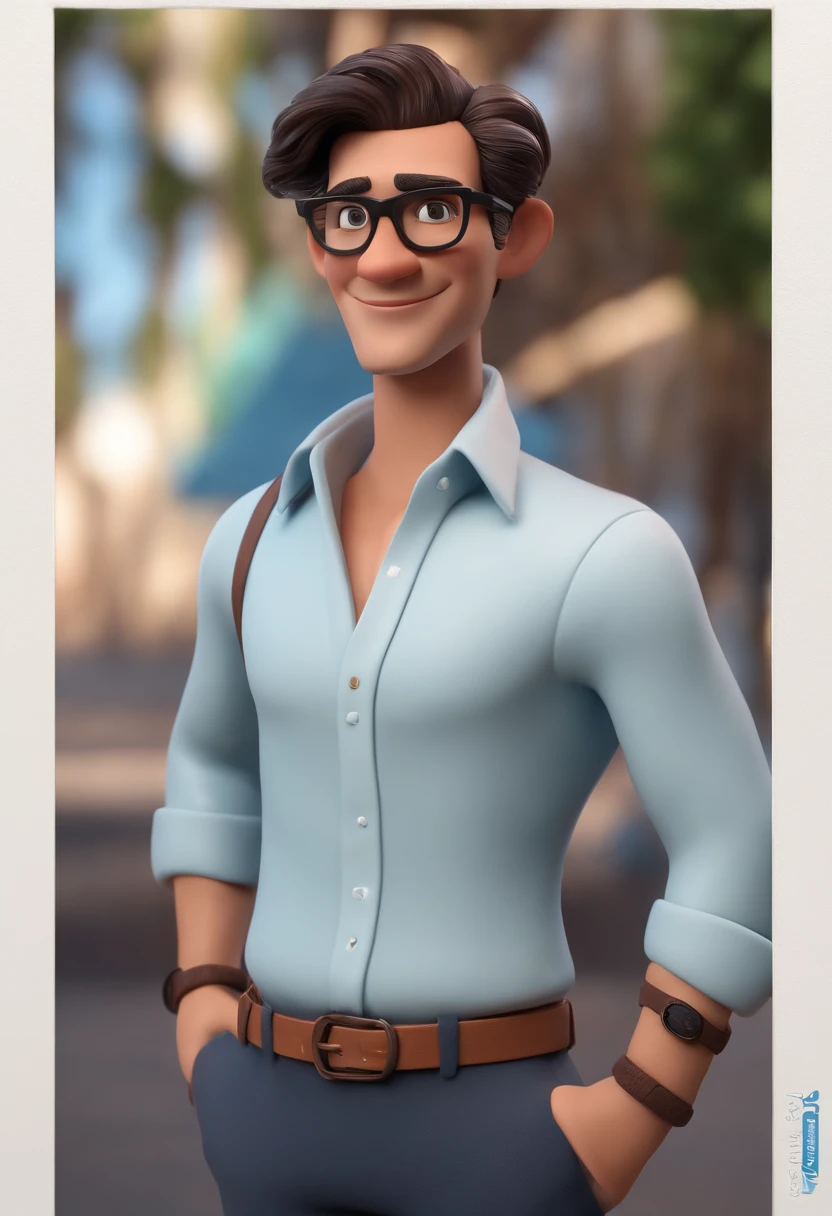 cartoon character of a man with black glasses and a blue shirt, animation character, stylized character, animation style render, stylized 3 d, arnold maya render, 3 d render stylized, toon render keyshot, 3d character, 3 d character, stylized 3d render, 3 d character render, cartoon character, close up character, character posing,  (Pixar style) (Masterpiece:1.2) (Bokeh) (Best quality) (Detailed skin) (Detailed texture) (8K) (clay) (Cinematic lighting) (Sharp focus