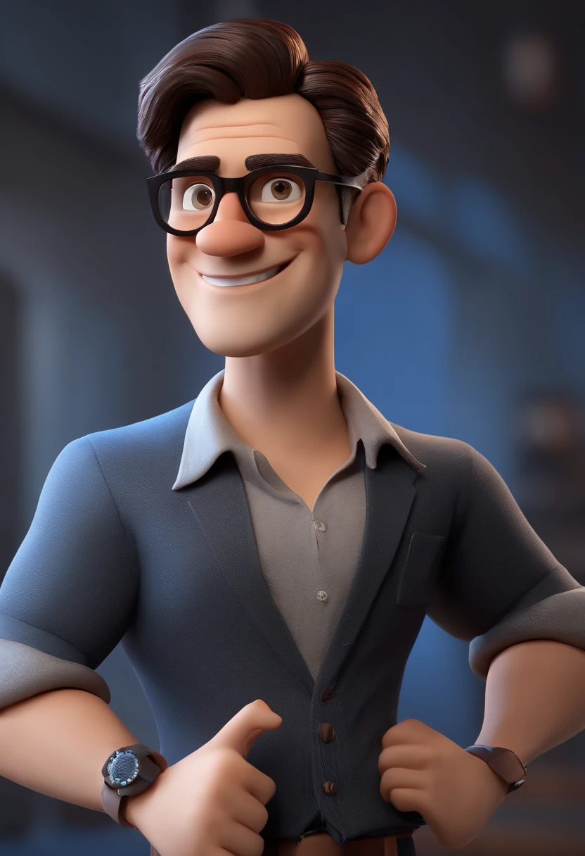 cartoon character of a man with black glasses and a blue shirt, animation character, stylized character, animation style render, stylized 3 d, arnold maya render, 3 d render stylized, toon render keyshot, 3d character, 3 d character, stylized 3d render, 3 d character render, cartoon character, close up character, character posing,  (Pixar style) (Masterpiece:1.2) (Bokeh) (Best quality) (Detailed skin) (Detailed texture) (8K) (clay) (Cinematic lighting) (Sharp focus