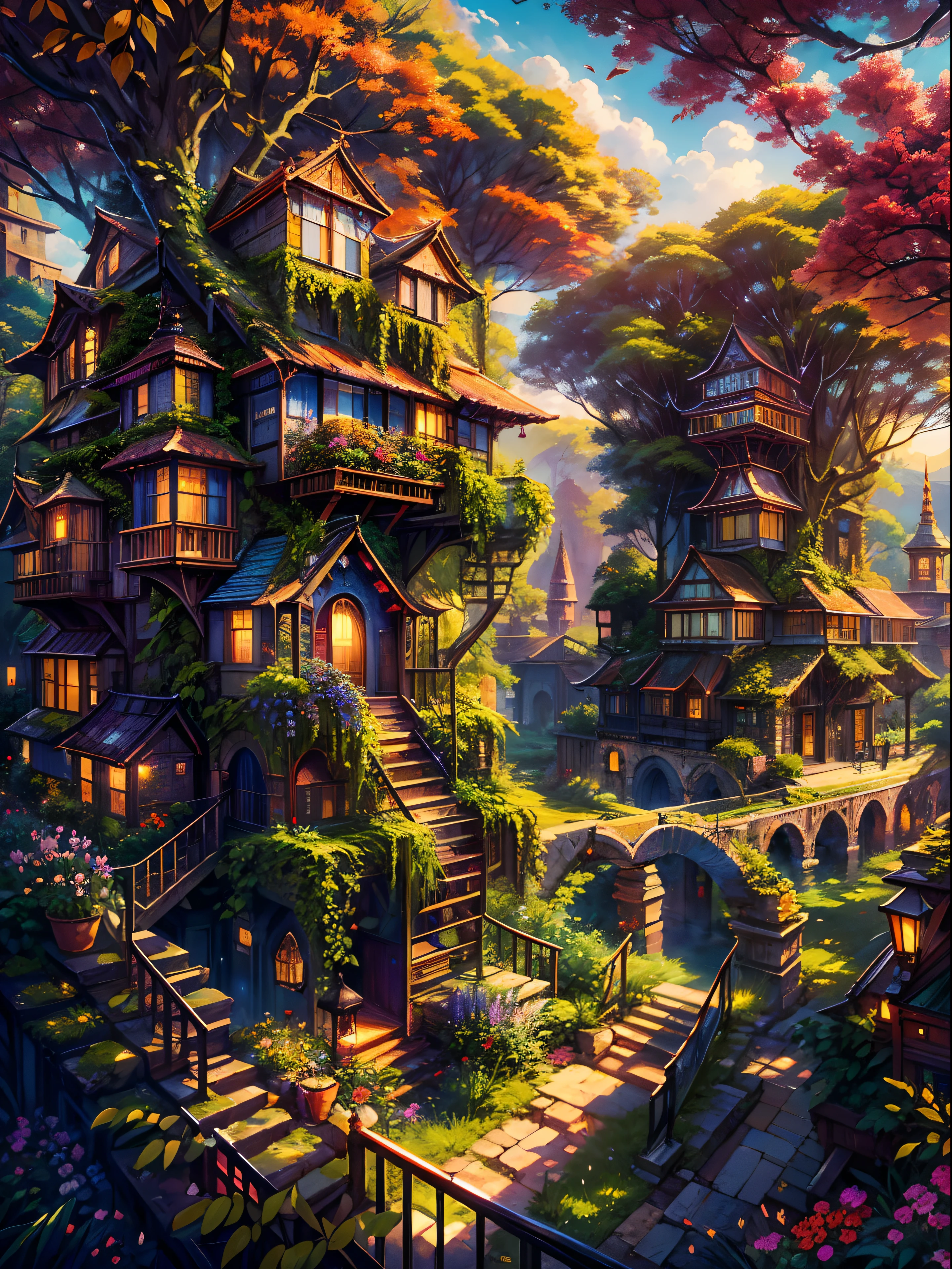 (best quality,4k,8k,highres,masterpiece:1.2),ultra-detailed,(realistic,photorealistic,photo-realistic:1.37),otherworldly city,a city on a tree,a giant world tree with long and big vines,large-sized colorful houses suspended in mid-air by the vines,houses hanging on the branches of the tree,far shot,magical atmosphere,dreamlike scenery,mesmerizing colors,dazzling lights,vibrant and vivid cityscape,ethereal glow,whimsical architecture,impressive scale of the city,detailed foliage on the tree,elaborate textures on the houses,depth and dimension in the composition,immersive and grand view,enchanted setting,lush greenery,beautifully entwining vines,majestic and awe-inspiring tree,mythical and fantastical world,revel in the beauty of nature and civilization,unforgettable and breathtaking scenery,explore the secrets hidden within the city on the tree.