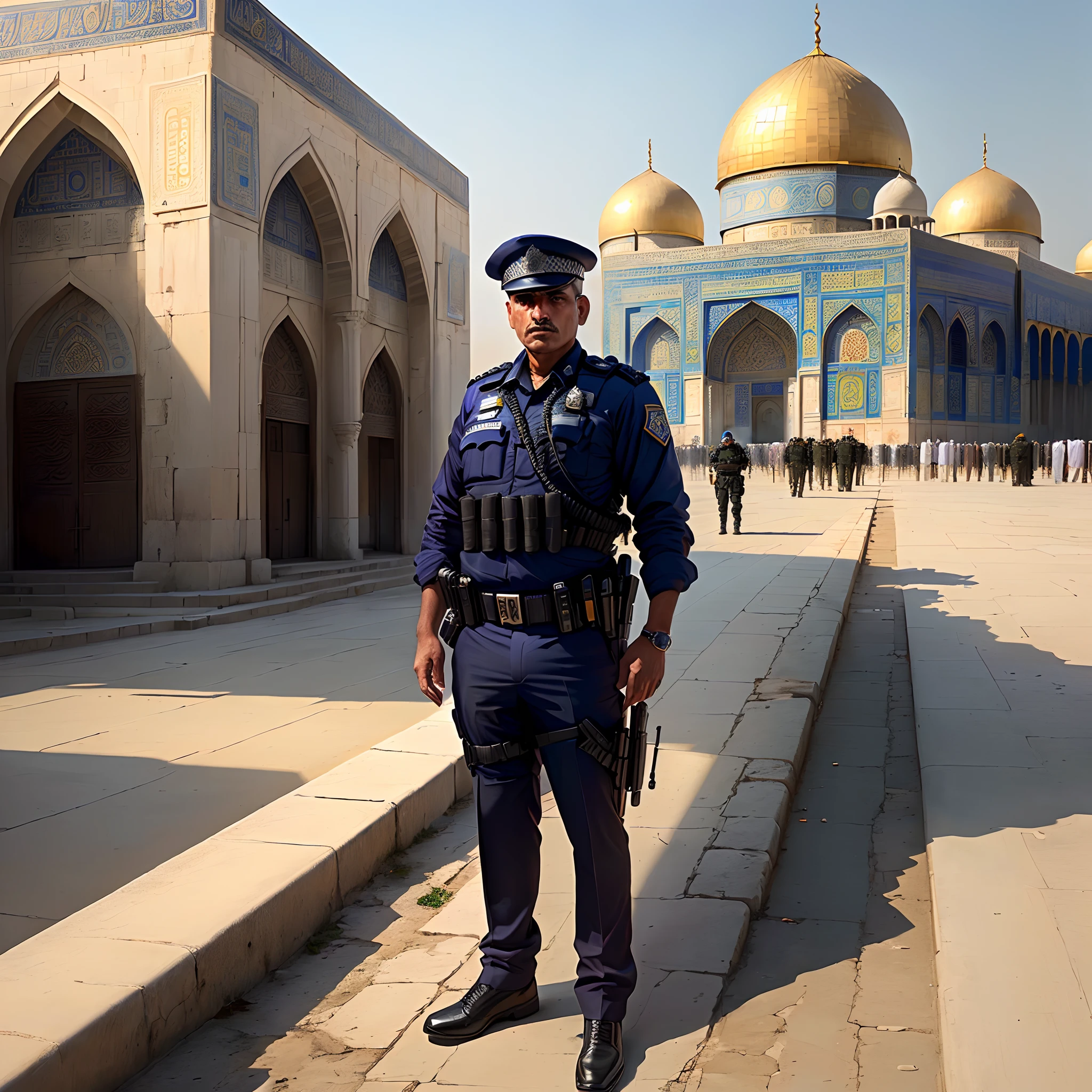 A police man stand in front of masjid Aqsa the picture of police man take from bheind  and name Shahmeer is bhind of police man jacket