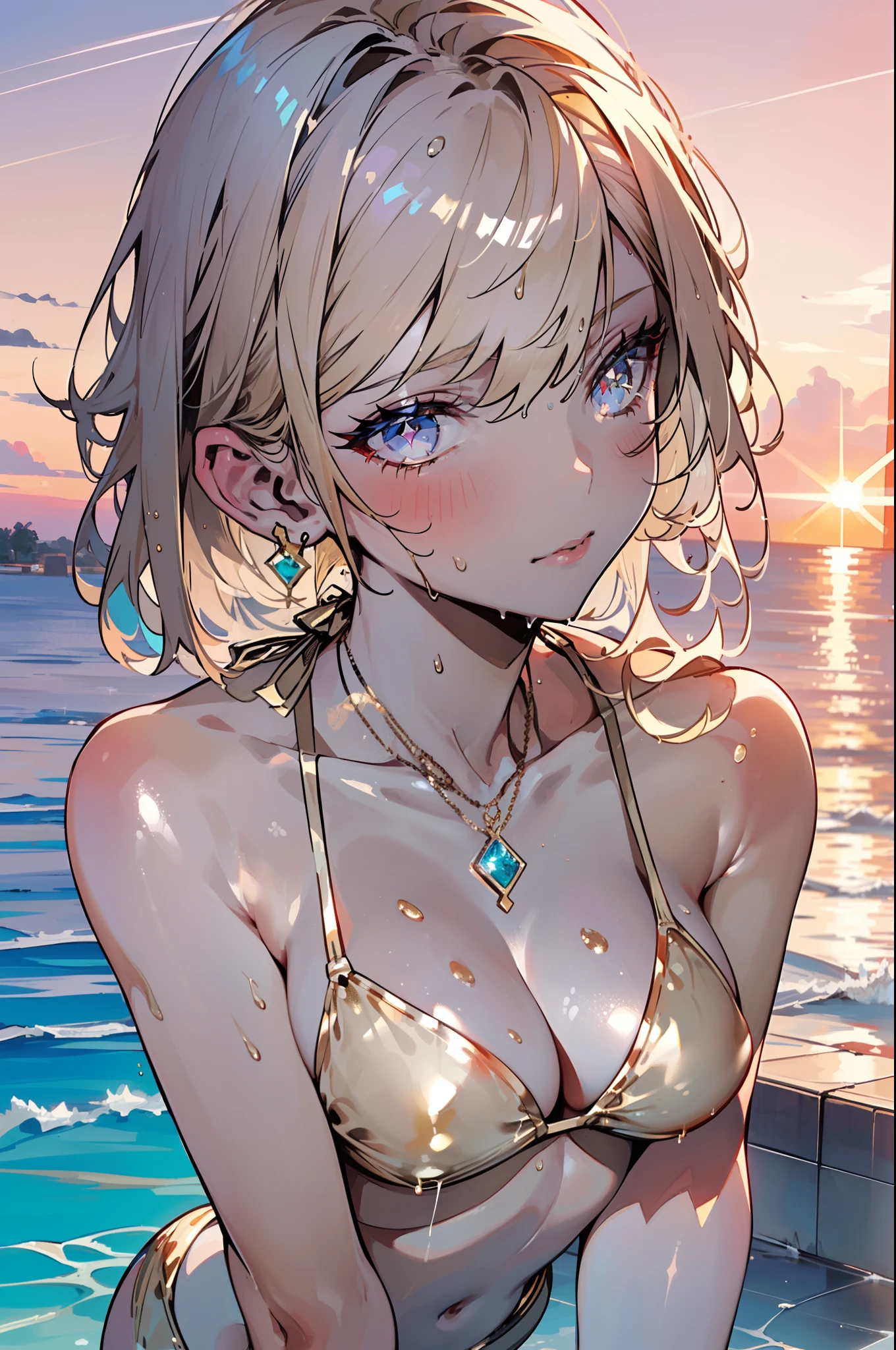 1 beauty, (Light Purple Eyeshadow),platinum-blonde-hair, thick body,thick neck, broad shoulders, Smaller face, (Long body), tiny chest, Watery Big Eyes, Toned body, Beautiful constriction, ((Erotic face:1.4)), long eyelasher, Blushlush, in poolside, Wet whole body, ((Glittering champagne gold colored bikini swimsuit:1.4)), (wet and disheveled hair:1.4), ((Perfect Anatomy:1.2)), (Heavy sweat on the face:1.2), Splattering splashes shine:2, fine splashes on the body, (Platinum Necklace and Earrings), (Sunset colored sky:1.4)、selfee