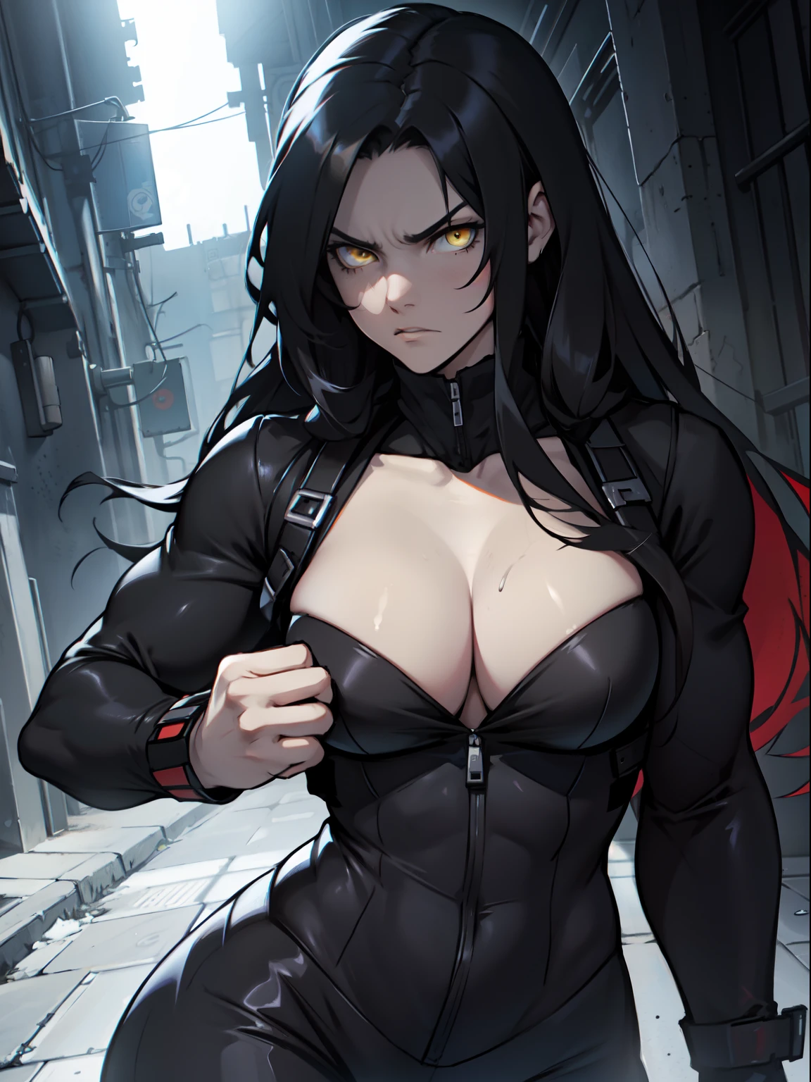 very long hair muscular girl pale skin black hair yellow eyes angry cleavage solo dark atmosphere