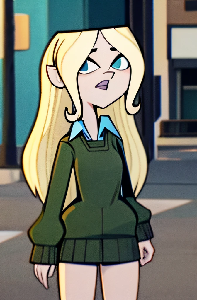 Dawn_Total_Drama, wasit high shorts, green sweat shirt, white dress shirt, standing on city street