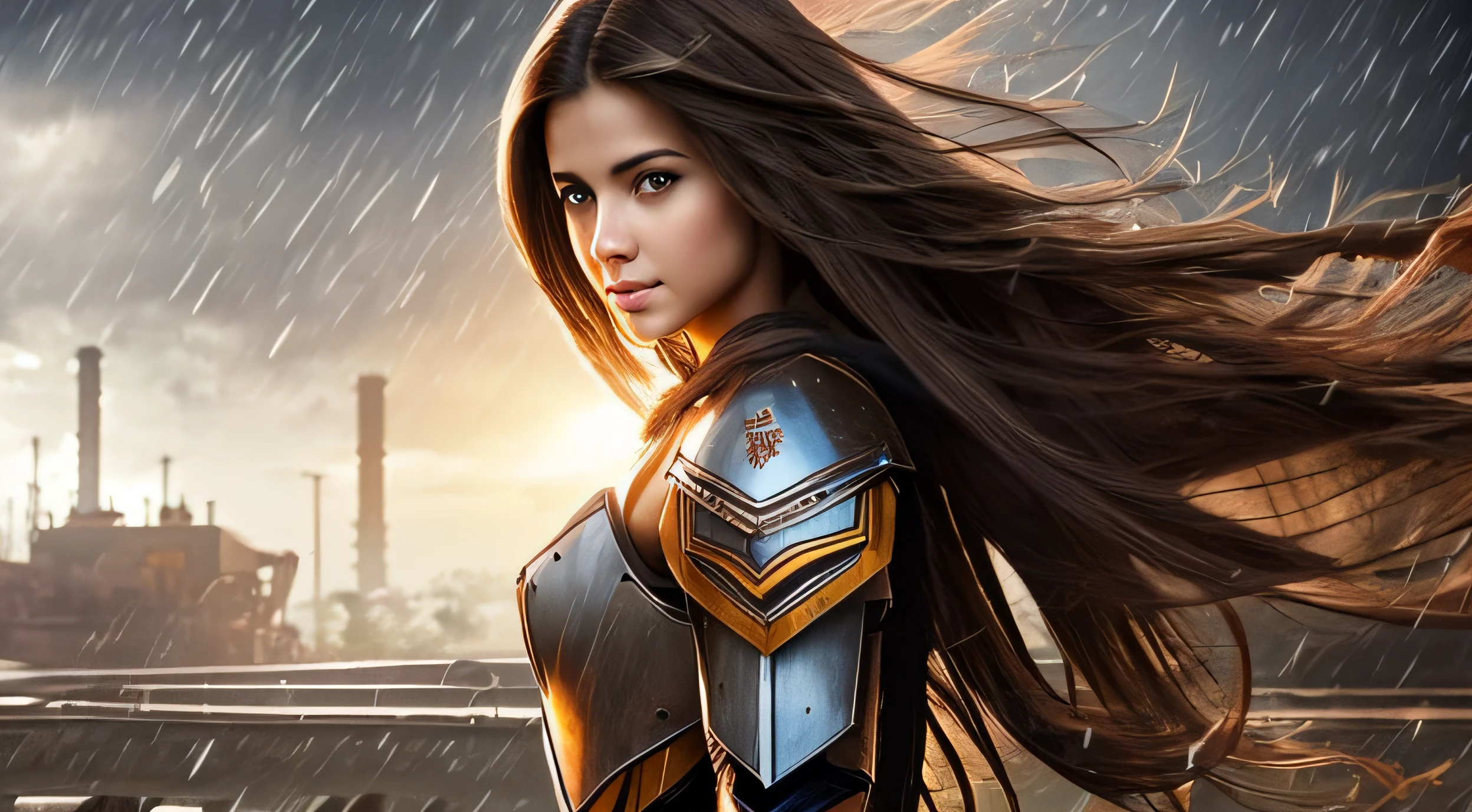 Beautiful fair-skinned girl with striking brown eyes with long, straight brown hair, flowing in the wind, with dark robotic armor with swords and a belt with weapons, in an abandoned steel mill scene on a rainy day