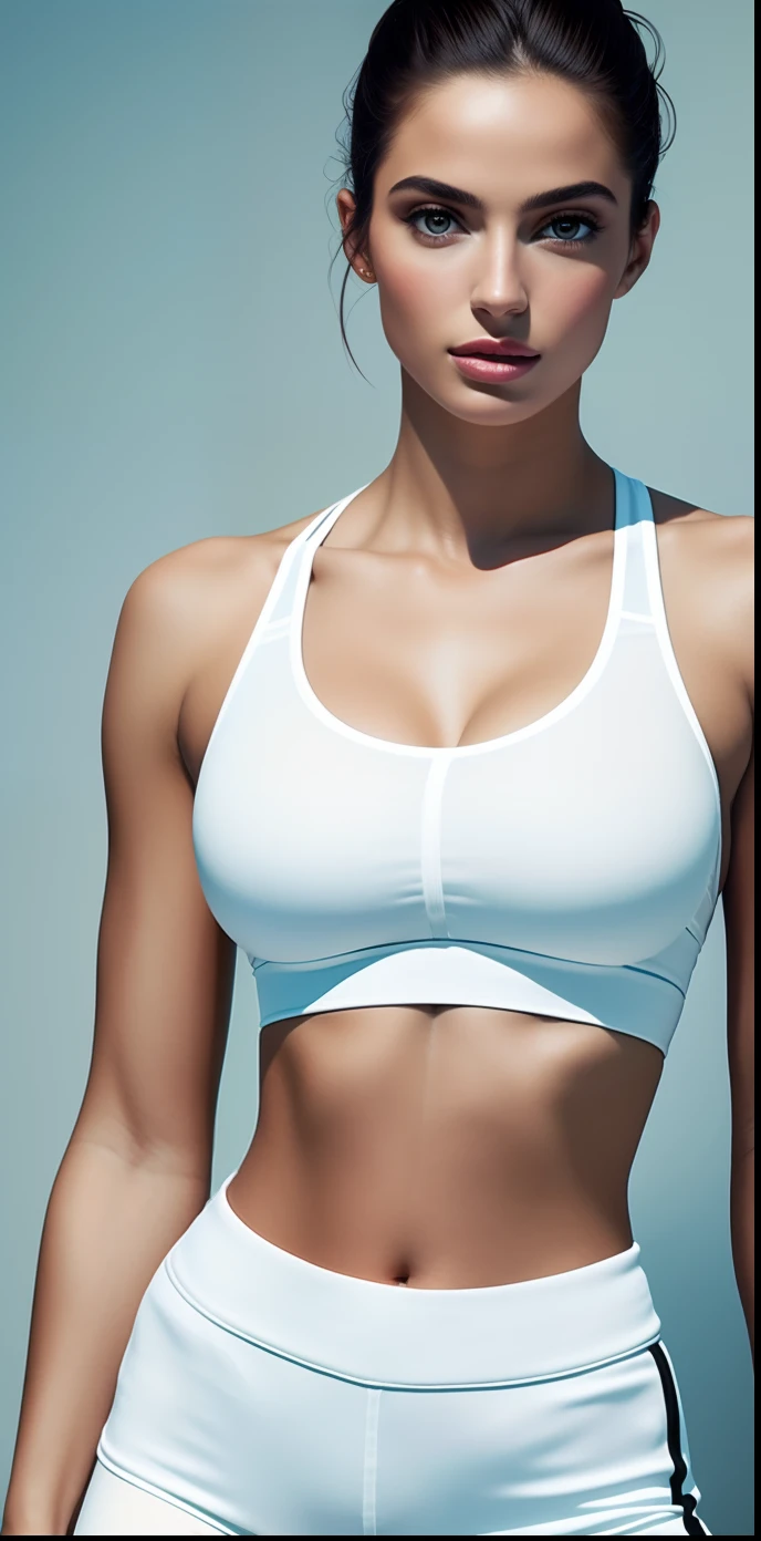 beautiful woman, A Brazilian model, Brazilian, at the World Cup, Fernanda Suarez, Caroline Gariba, Ana de Armas, Colombien, Malika Favre, belle dame, Julia Sarda, 🇺🇦, On dirait Fabiula Nascimento, Dua Lipa, Belle femme mexicaine en haut blanc et short de sport gris ((tight)) Poser pour une photo, Midriff exposed, Midriff nu, porter un cropped top sexy, Haut de coupe, Le plus petit midriff de tous les temps, Utilisation du dessus de coupe, Licou blanc, Milieu de bonite, physique : Le plus petit midriff de tous les temps, Soutien-gorge et shorts de sport, Top Crop Realistic Photography, photographie, tmasterpiece, Realstic, realism, rendering, high contrast, art numerique, Fotográficoréaliste, tendance dans Artstation 8k HD, high-definition, detailded, Realstic, detailded, texture de la peau, specifics, realistic skin texture, beste-Qualit, ultra highres, (Realistic Photography: 1.4), high resolucion, detailded, Photographie brute, Net resolution, Films Nikon d850, Archival photography: 4, Kodak Portra 400 F1 Camera Lens.6, Hyper realistic texture, Spectacular lighting, Unrealistic trend in Artstation Cinestill 800, .........RAW, huge-breast, seins croustillants, Realstic