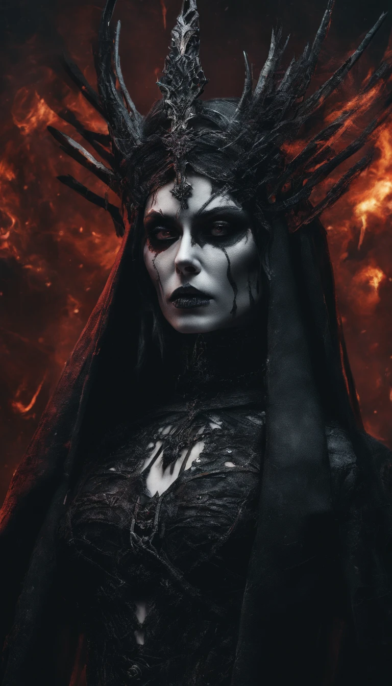 Hela, goddess of death, Norse mythology, Scarlet Witch with a crown of several blades on her head, Skeleton necklace, Wearing a dress made of skull and blade, Guvez style art, Ross Tran 8 K, Beautiful queen fantasy, 8k high-quality detailed art, Highly Detailed 4K Digital Art, Portrait of the Dark Queen, Wield multiple sharp swords, Background of ashes and fire, Small dots of hot embers in the background, Dress consisting of a skull and a blade,
