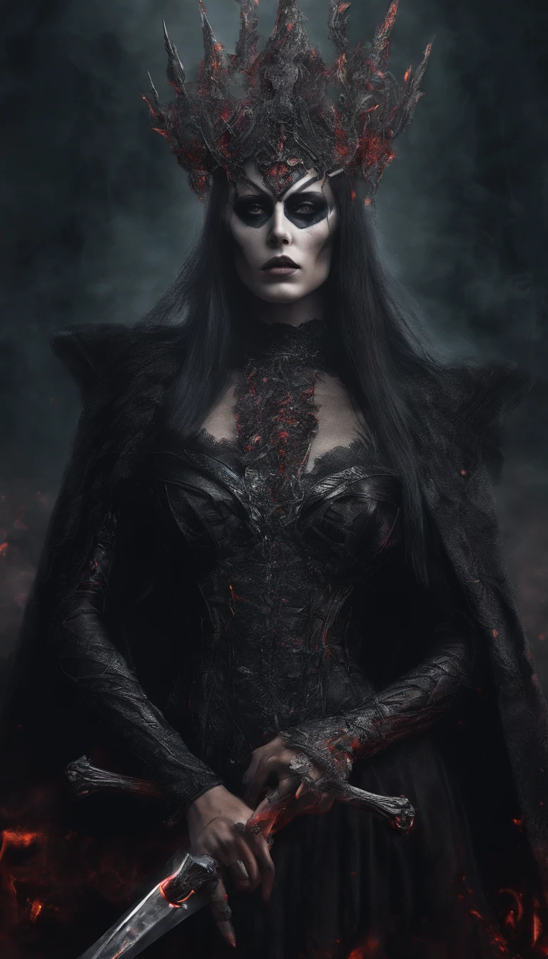 Hela, goddess of death, Norse mythology, Scarlet Witch with a crown of several blades on her head, Skeleton necklace, Wearing a dress made of skull and blade, Guvez style art, Ross Tran 8 K, Beautiful queen fantasy, 8k high-quality detailed art, Highly Detailed 4K Digital Art, Portrait of the Dark Queen, Wield multiple sharp swords, Background of ashes and fire, Small dots of hot embers in the background, Dress consisting of a skull and a blade,