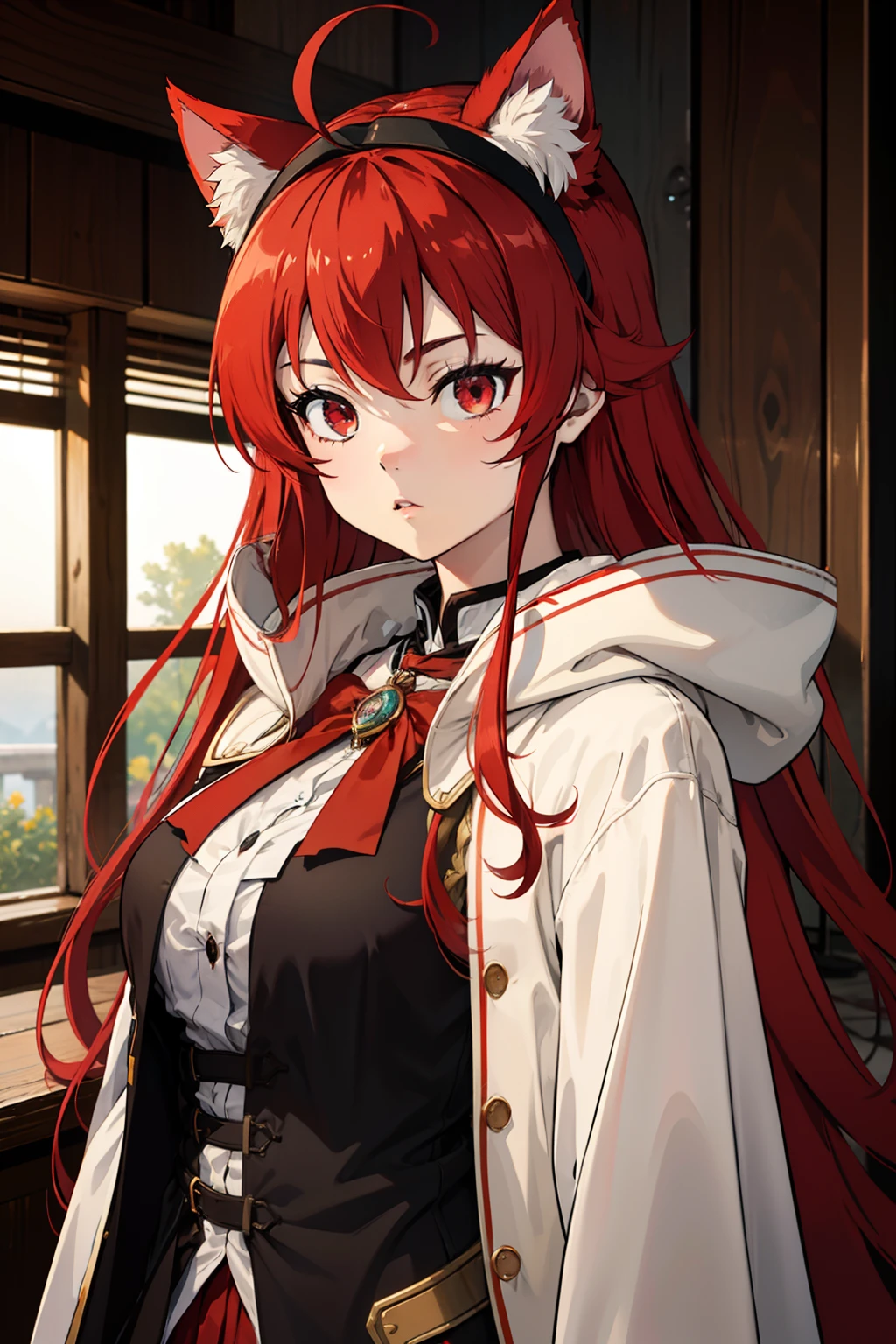 Upper body, 1girll, eris greyrat, Red hair, Red eyes, ahoge, shairband, cloaks, Coat, Cat ears, ((Masterpiece)), high detail illustration, high detailed background, A high resolution