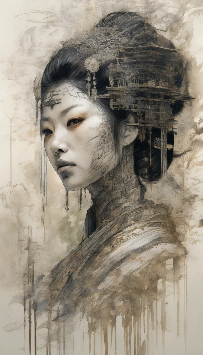 dark broody traditional japanese emo female geisha dj djing skinhead, hairgoth, emo goth spikey fashion viynl mixing decks