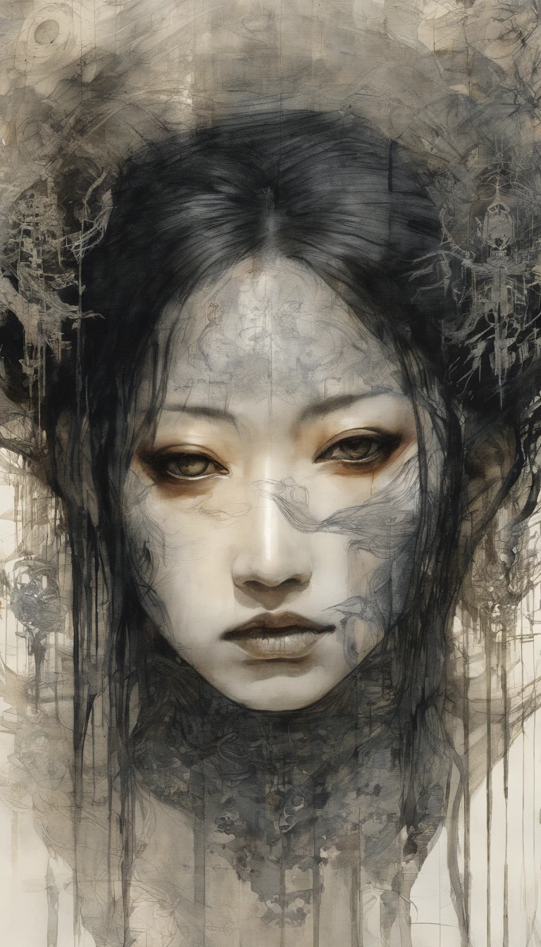 hand drawn sketch illustration of a beautiful SILVER GOLD and BLACK portrait of a very_YOUNG ancient japanese geisha, glowing eyes, long hair, hyperdetailed sad face, intricately kimono, golden ratio, light aura, frosty myst, ANIME MANGA STYLE, highly detailed, intricate motifs, organic tracery, perfect composition, digital painting, artstation, concept art, smooth, sharp focus, illustration, Carne Griffiths, Victo ngai, Jean Baptiste Monge, pixar, watercolour style, art by Yoji Shinkawa, Carne Griffiths, Russ Mills, Ink splatter, ink brush painting, calligraphy, ink wash, smudges: (best quality)), intricate detailed,