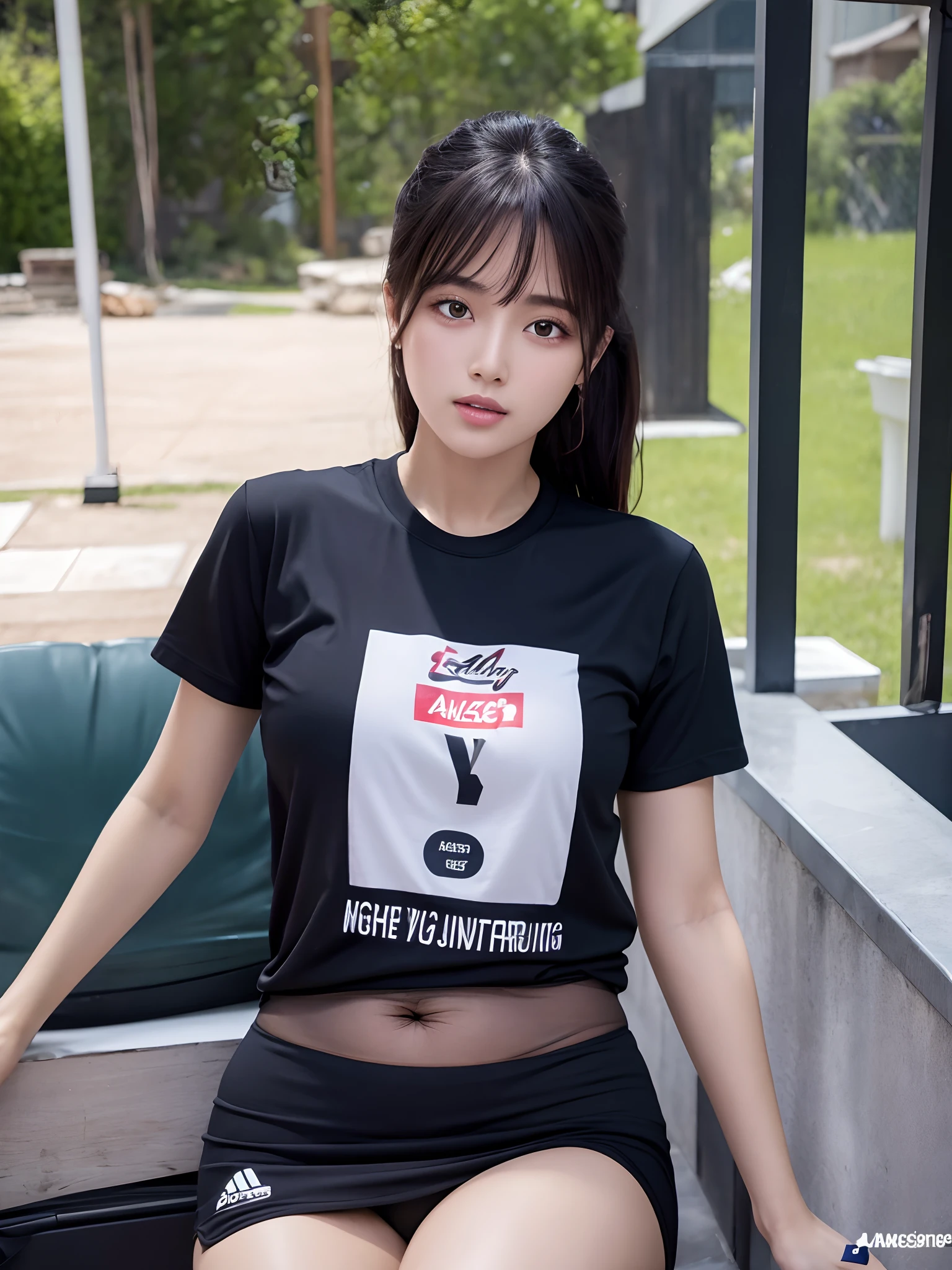 Masterpiece, best quality, high quality, 8k, UHD, Arafed a beautiful women sitting, in the gass, sport t-shirt, eyelid, white skin, black hair, open butt