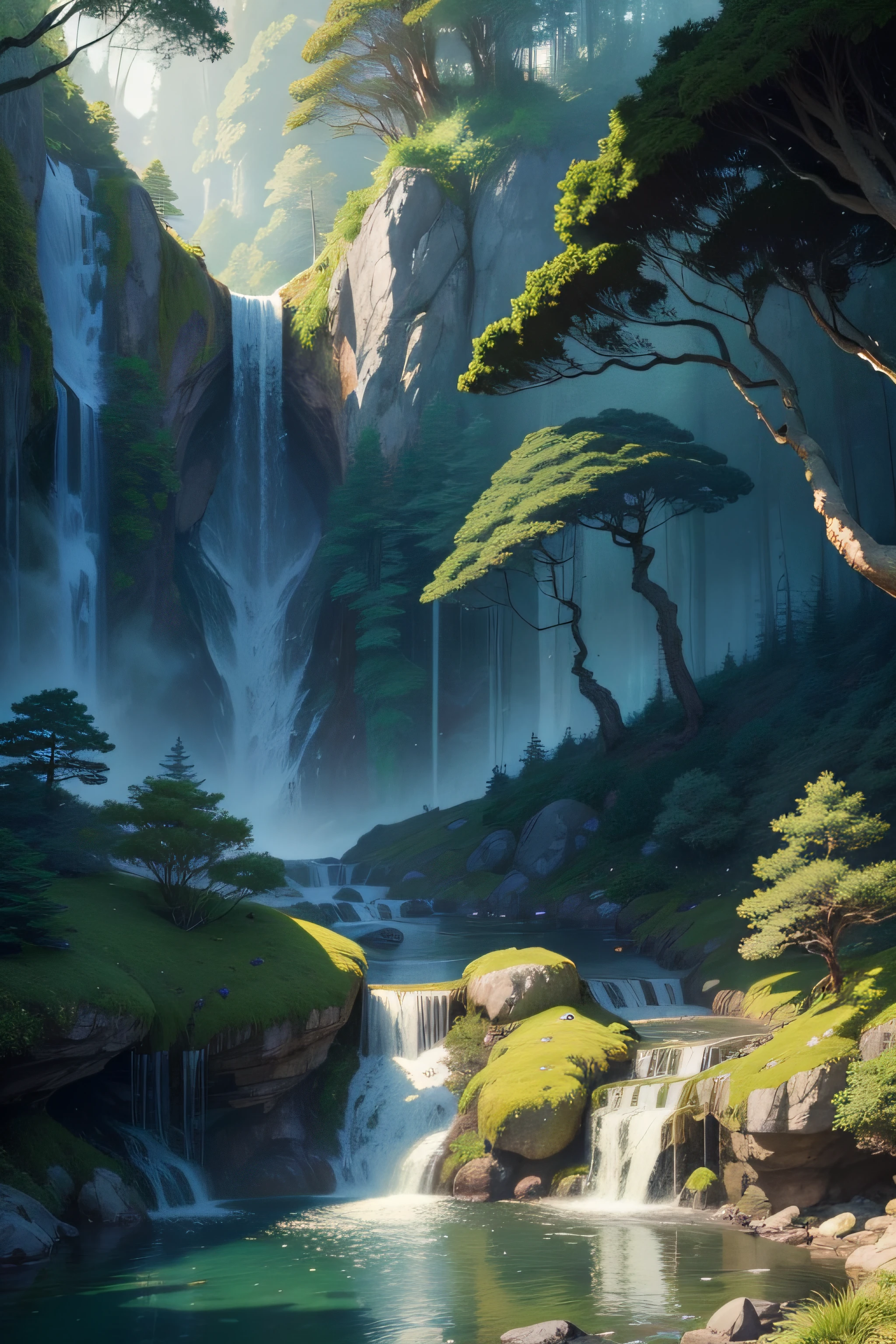 Masterpiece, best quality, 8K, high res, ultra-detailed, A scene of a waterfall cascading down a high cliff amongst lush greenery, adorned by vibrant flowers, towering pines, and delicate bamboo groves,no humans, sakura, beautiful view, ultra-detailed, fine detailed, highly detailed, intricate, highly detailed, ultra-detailed, scenery,no humans, lush green mountains, winding rivers, misty atmosphere, solitary, intricate details, delicate features, verdant trees, blooming flowers, druid's circle, soft moss, deep forest, intricate leaves and vines, wisps of light, still pool of water, pristine, verdant green, A picturesque scene of a waterfall cascading down a high cliff amongst lush greenery, adorned by vibrant flowers, towering pines, and delicate bamboo groves.