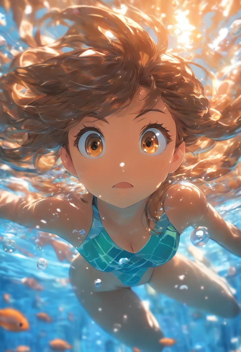 depth of field, masterpiece, best quality, 1girl, brown hair, brown eyes,  long hair, underwater, air bubble, solo, looking at viewer, swimming,  dappled sunlight, bare breasts, nipples, cute girl