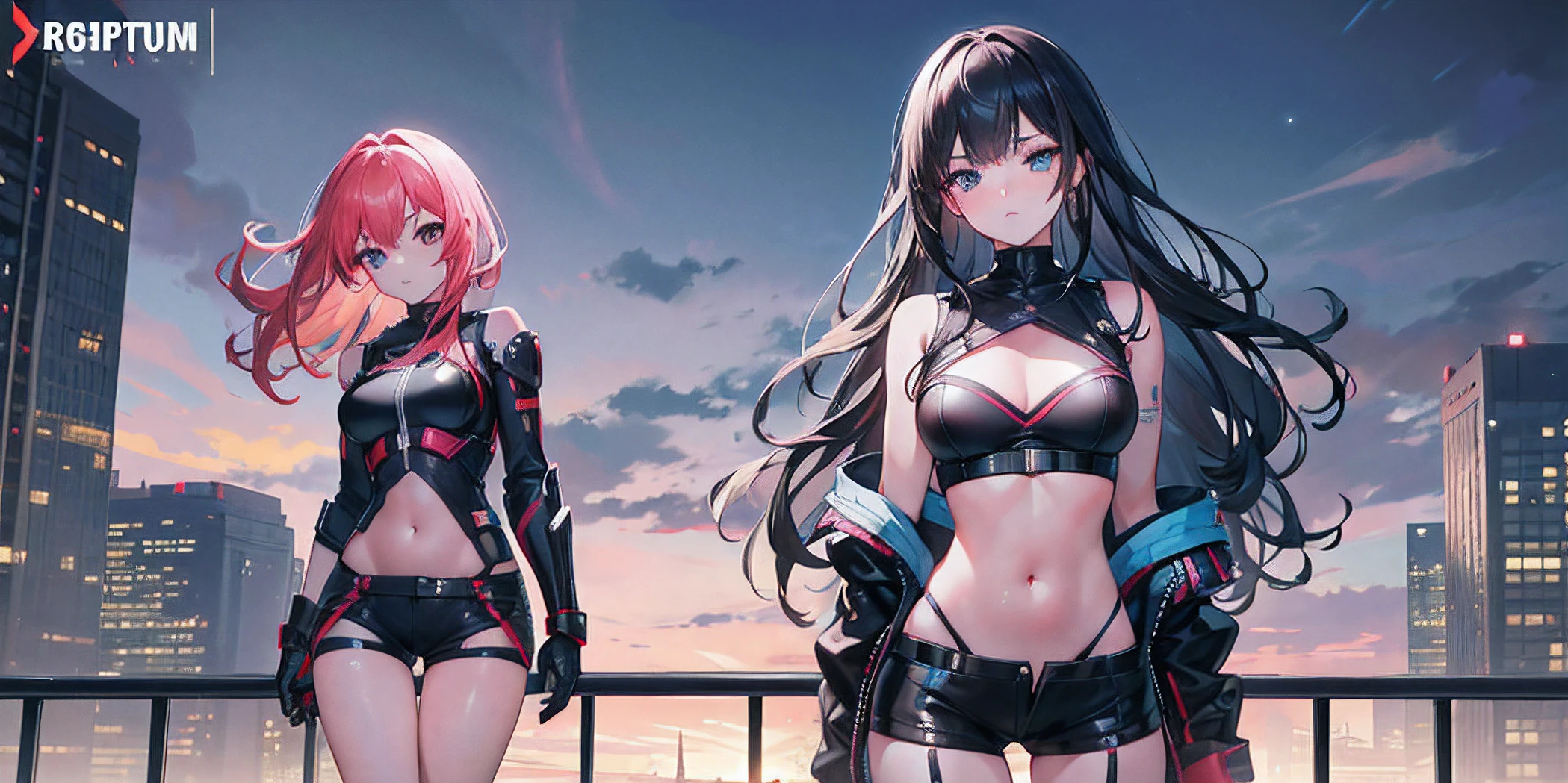landscape of multiple cute girls, seductive proportions, narrow waist, hyper realistic, ultra full body shot of girls in cyberpunk night city, leaning on a railing beside a road, sakura trees around the road, thick thighs, bare shoulders, railing, blushing hard, Glitter Eyeliner: 1.2, wide hips, medium chest, Detailed eyebrows, Detailed eyes, Detailed nose, Detailed lips, 8k, sharp focus, black shorts, Natural cheeks, Glossy skin, Fair skin: 1.2, Wavy Hair, volumetric hair, beautiful face, shoulder length hair, natural body posture, trending on Artstation, 64k, ultra detailed, ultra accurate detailed, surrealism, ultra unreal engine, epic, freckles, stomach, detailed legs, freckles, correct anatomy, cinematic light, Ultra HDTV, RTX, RTX ON, HDR, global illumination, ambient occlusion, high contrast, sky view, far view, volumetric lighting, detailed hair, detailed clothes, detailed textures, landscape view, expressive eyes, perfect face, slim-thick, seductive eyes, seductive proportions, same height, correct clothes, similar heights
