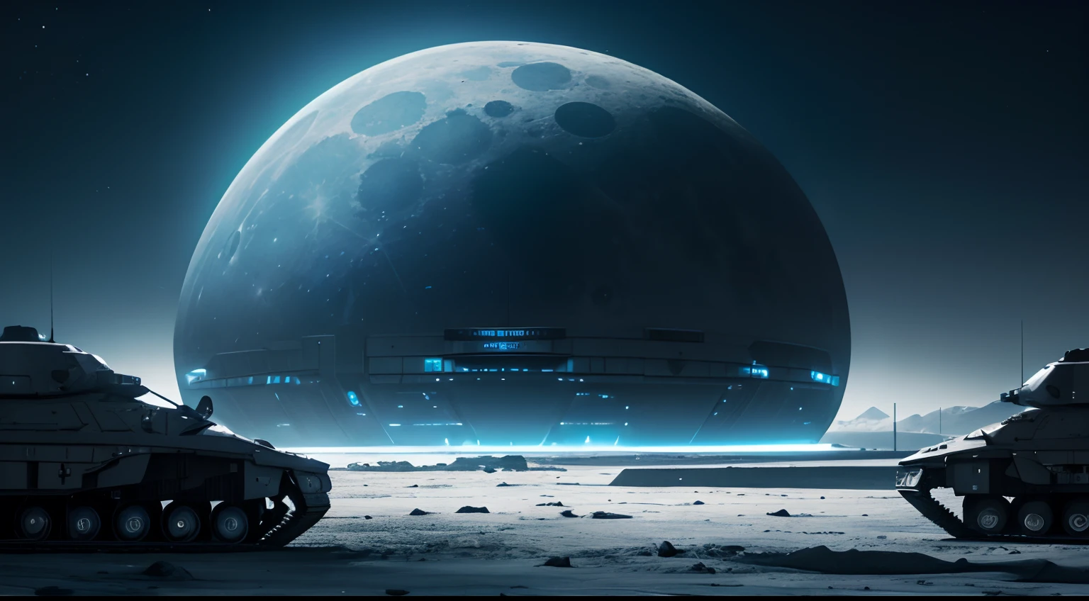 (best quality, highres, ultra-detailed:1.2), futuristic military base on the moon, moonlit landscape, advanced technology, sleek metallic structures, glass domes, bustling activity, soldiers in high-tech armor, surveillance drones, holographic displays, anti-gravity vehicles, towering launch pad, lunar vehicles, rocket launches, starry sky, artificial gravity, energy shielding, futuristic weaponry, neon lights, cool blue color tones, dramatic shadows and highlights, moon dust, lunar rocks, reflections on the lunar surface.
