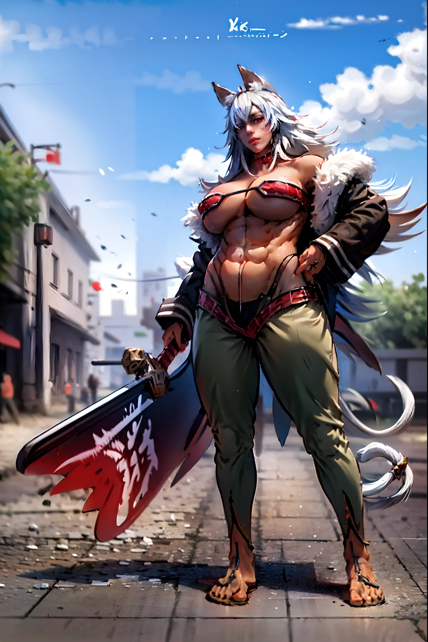 (best quality,4k,8k,highres,masterpiece:1.2),ultra-detailed,(:1.37),ghislaine dedoldia,animal ears,white hair,standing,sword holding,full body,boots,warrior,choker,fur trim,large breasts,abs,muscular woman,,pants,flipflops, full body flipflops