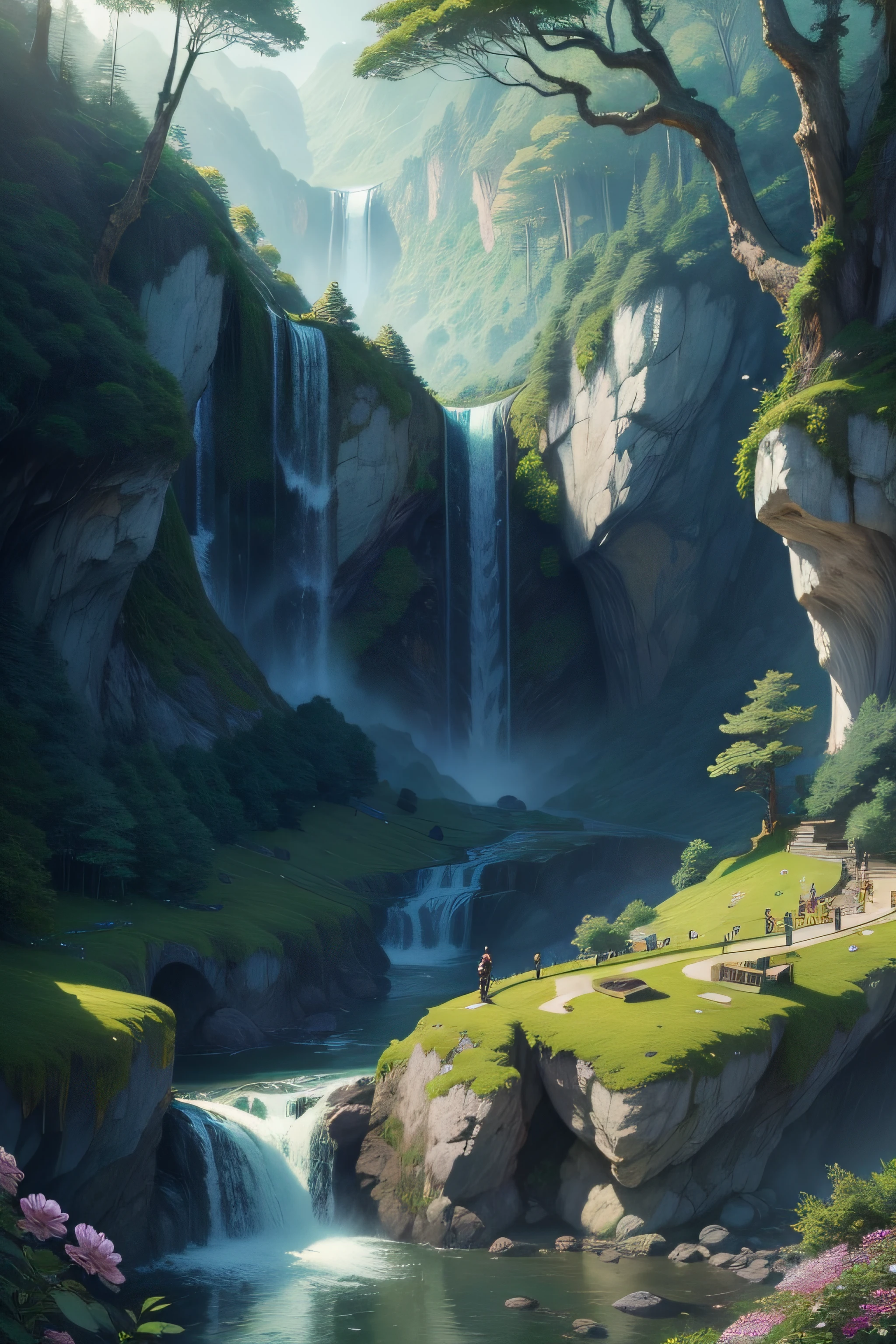 Masterpiece, best quality, 8K, high res, ultra-detailed, A scene of a waterfall cascading down a high cliff amongst lush greenery, adorned by vibrant flowers, towering pines, and delicate bamboo groves,no humans, sakura, beautiful view, ultra-detailed, fine detailed, highly detailed, intricate, highly detailed, ultra-detailed, scenery,no humans, lush green mountains, winding rivers, misty atmosphere, solitary, intricate details, delicate features, verdant trees, blooming flowers, druid's circle, soft moss, deep forest, intricate leaves and vines, wisps of light, still pool of water, pristine, verdant green, A picturesque scene of a waterfall cascading down a high cliff amongst lush greenery, adorned by vibrant flowers, towering pines, and delicate bamboo groves.