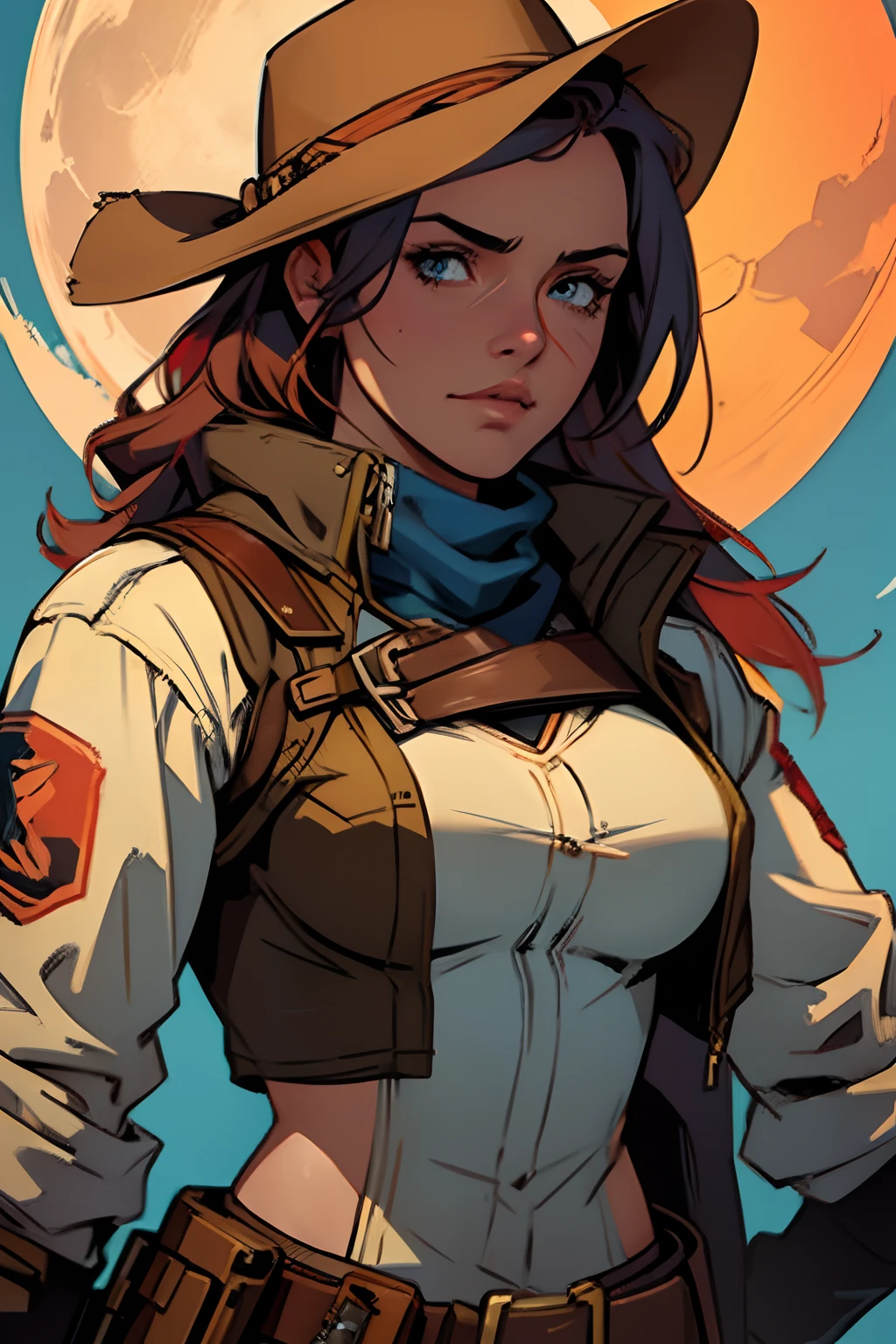 um close up de uma pessoa segurando uma arma e uma arma, personagem starfinder, protagonista feminina, dystopian bounty hunter, Jaina Solo, Personagem feminina solo, estilo de red dead redemption, personagem feminina, arte do personagem red dead redemption, red dead redemption, assassina feminina, Dystopian character from Wild West, Mulher desonesta, character render